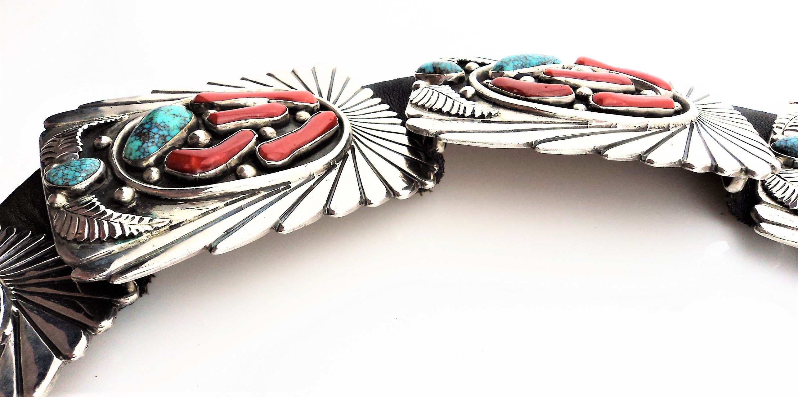 Abraham Begay Mediterranean Coral, Turquoise and Sterling Concho Belt