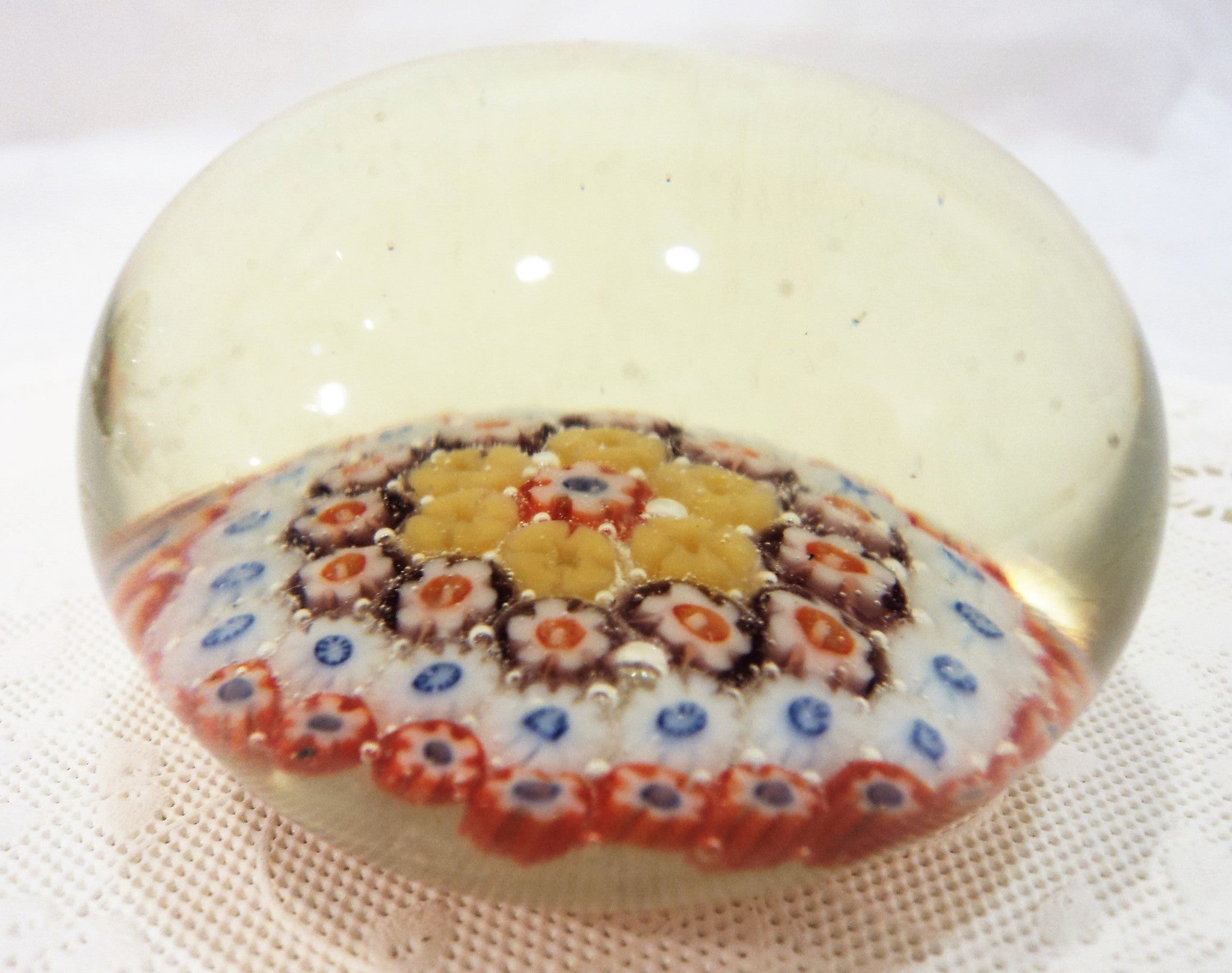 Red, White and Mauve Millefiori Glass Paperweight