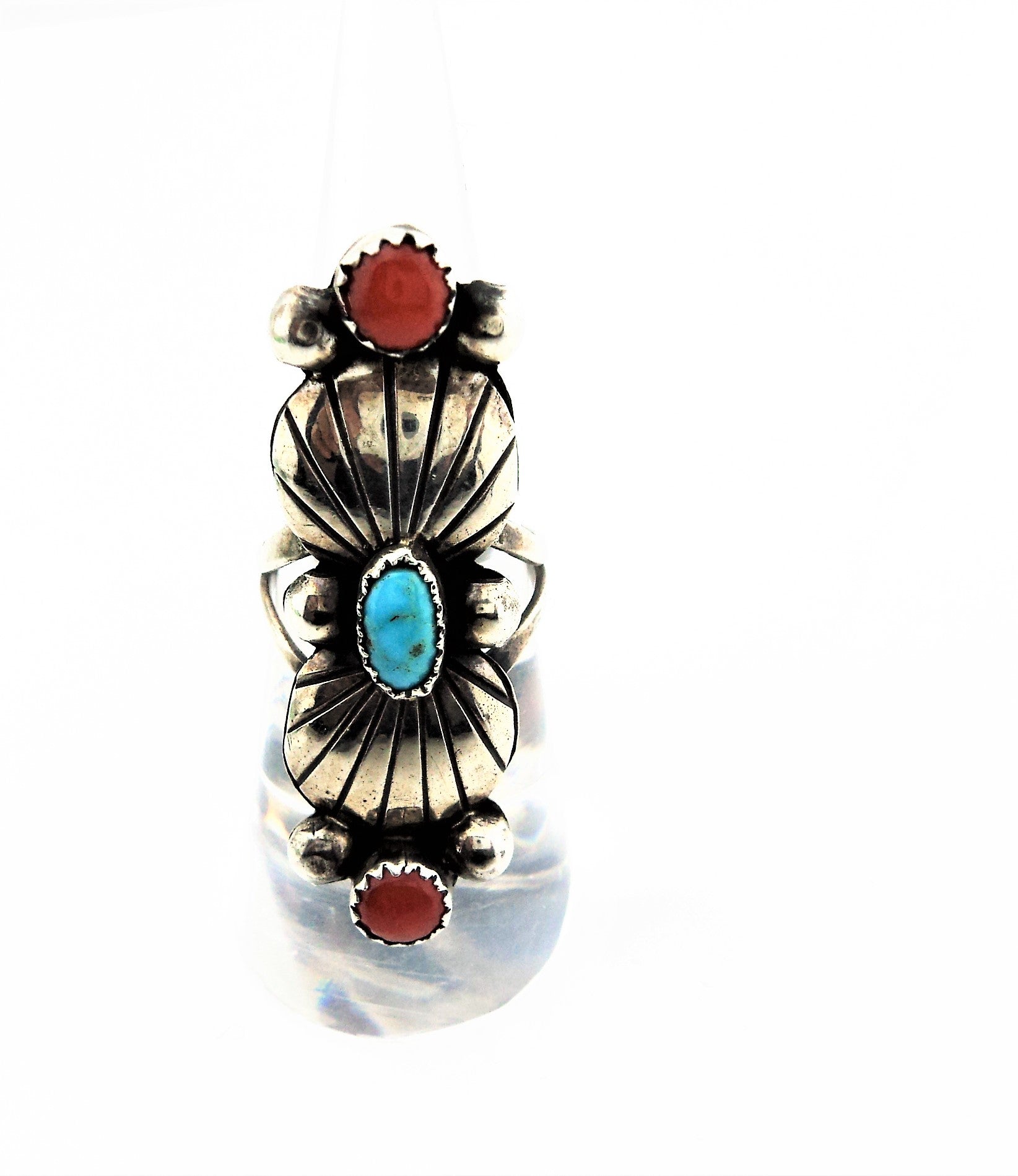Native American Sterling turquoise and Coral Ring