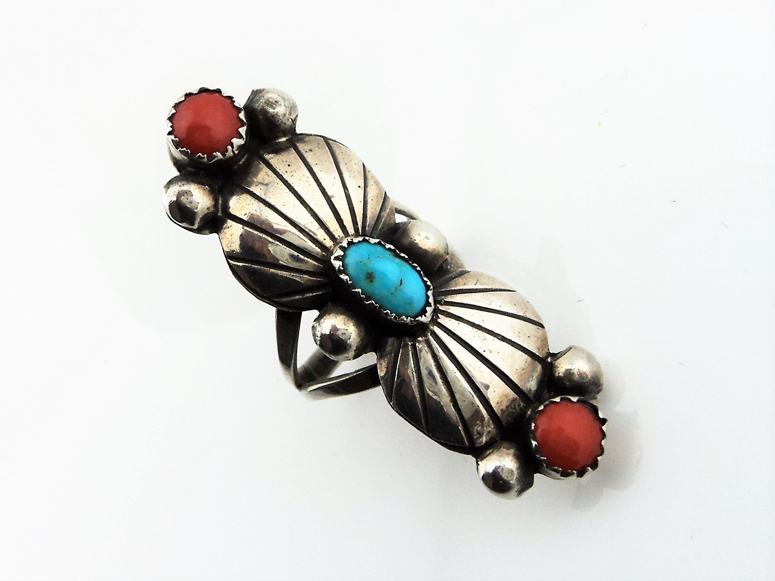 Native American Sterling turquoise and Coral Ring