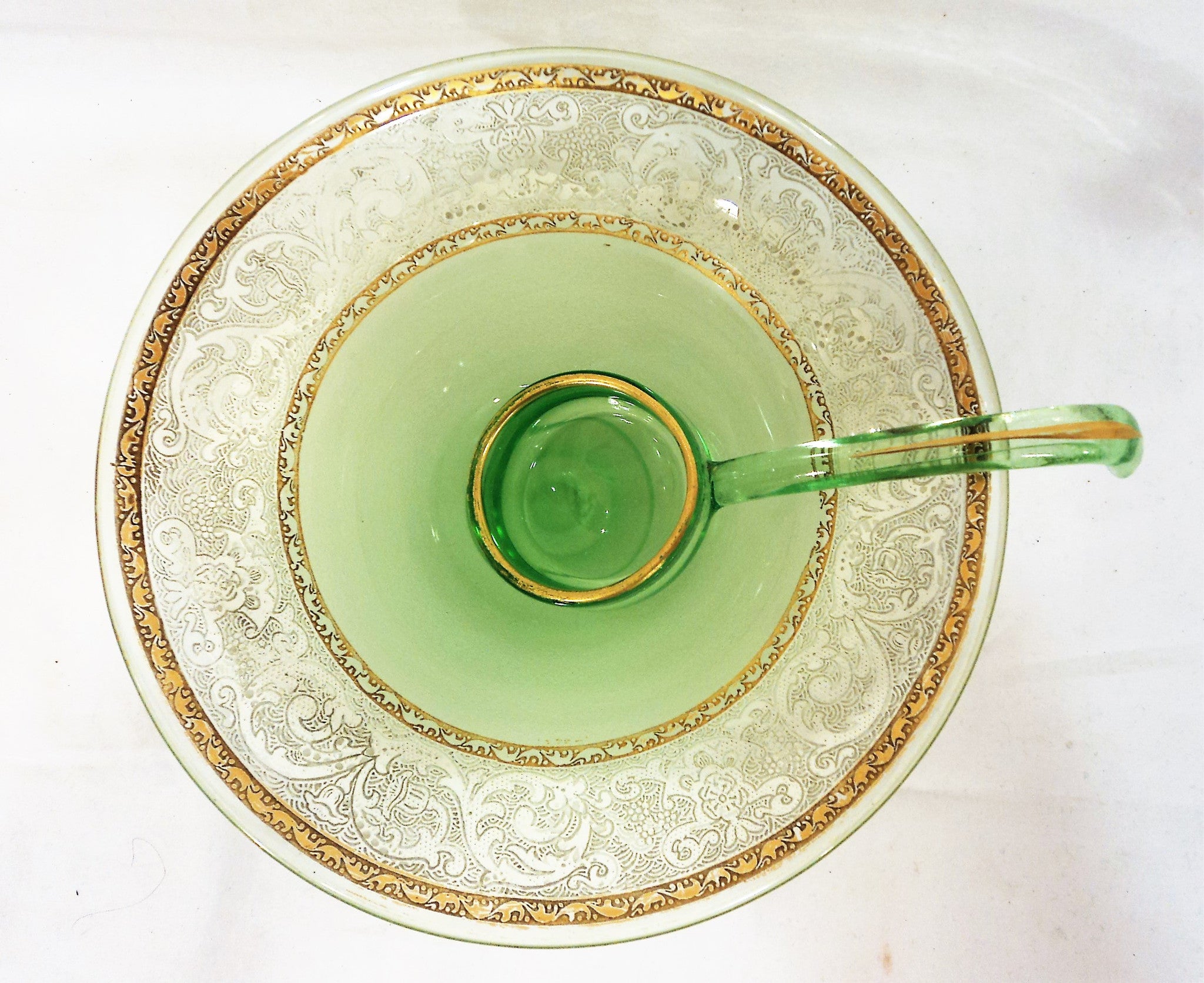 Vaseline Glass Depression-era Bowl with Ladle and  Dish