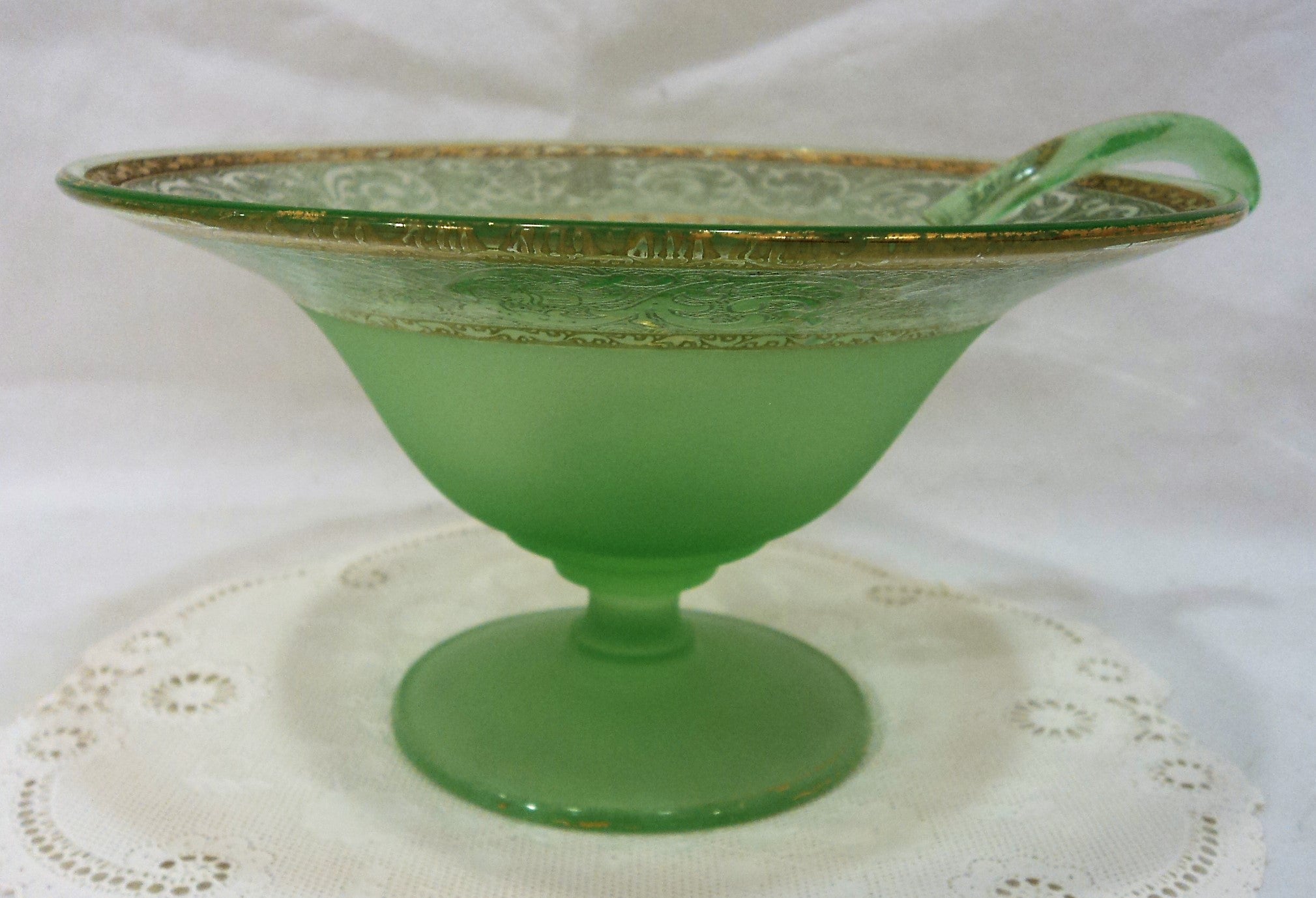 Vaseline Glass Depression-era Bowl with Ladle and  Dish