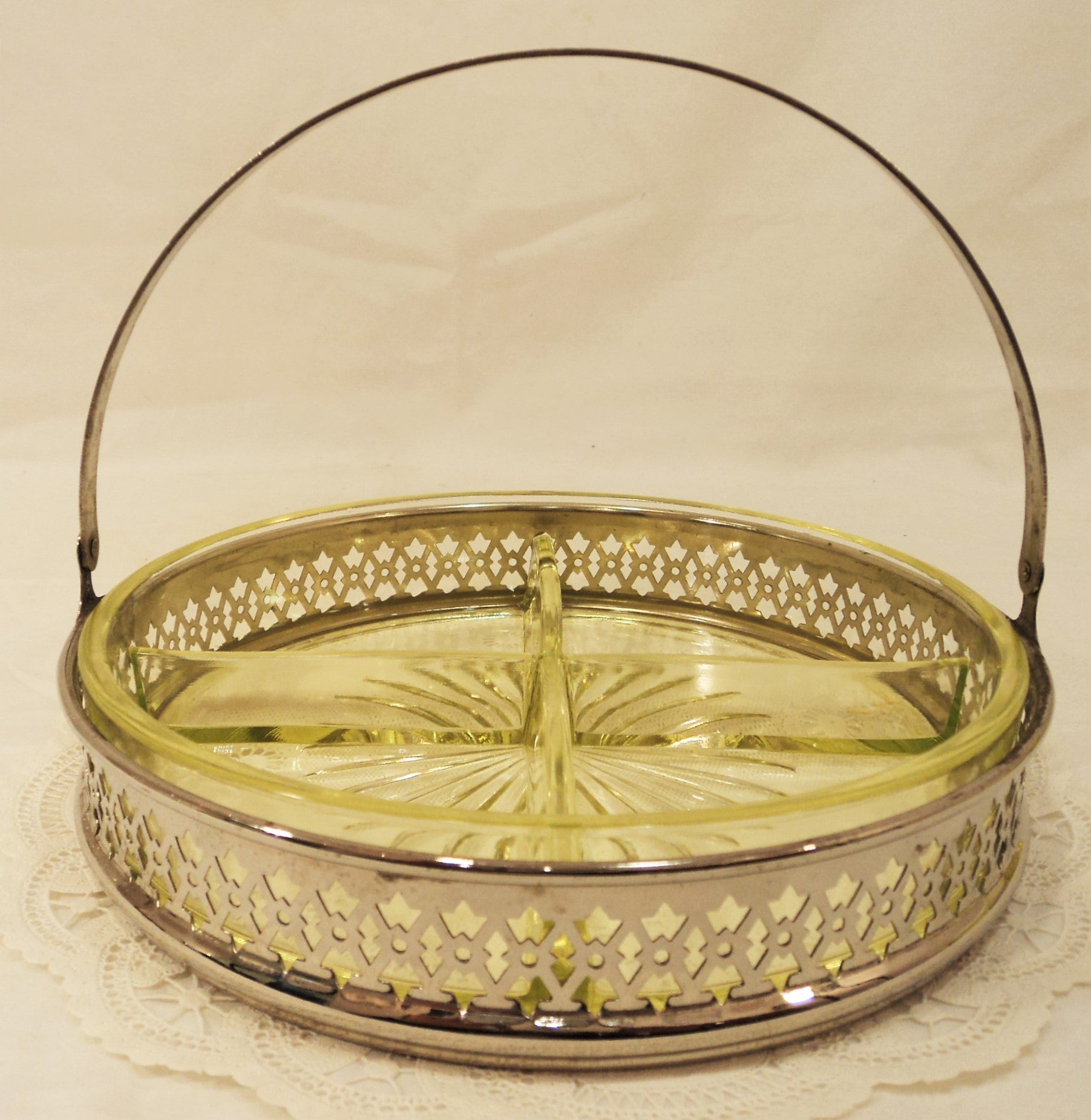 Vaseline Glass Divided Dish with Carrying Tray