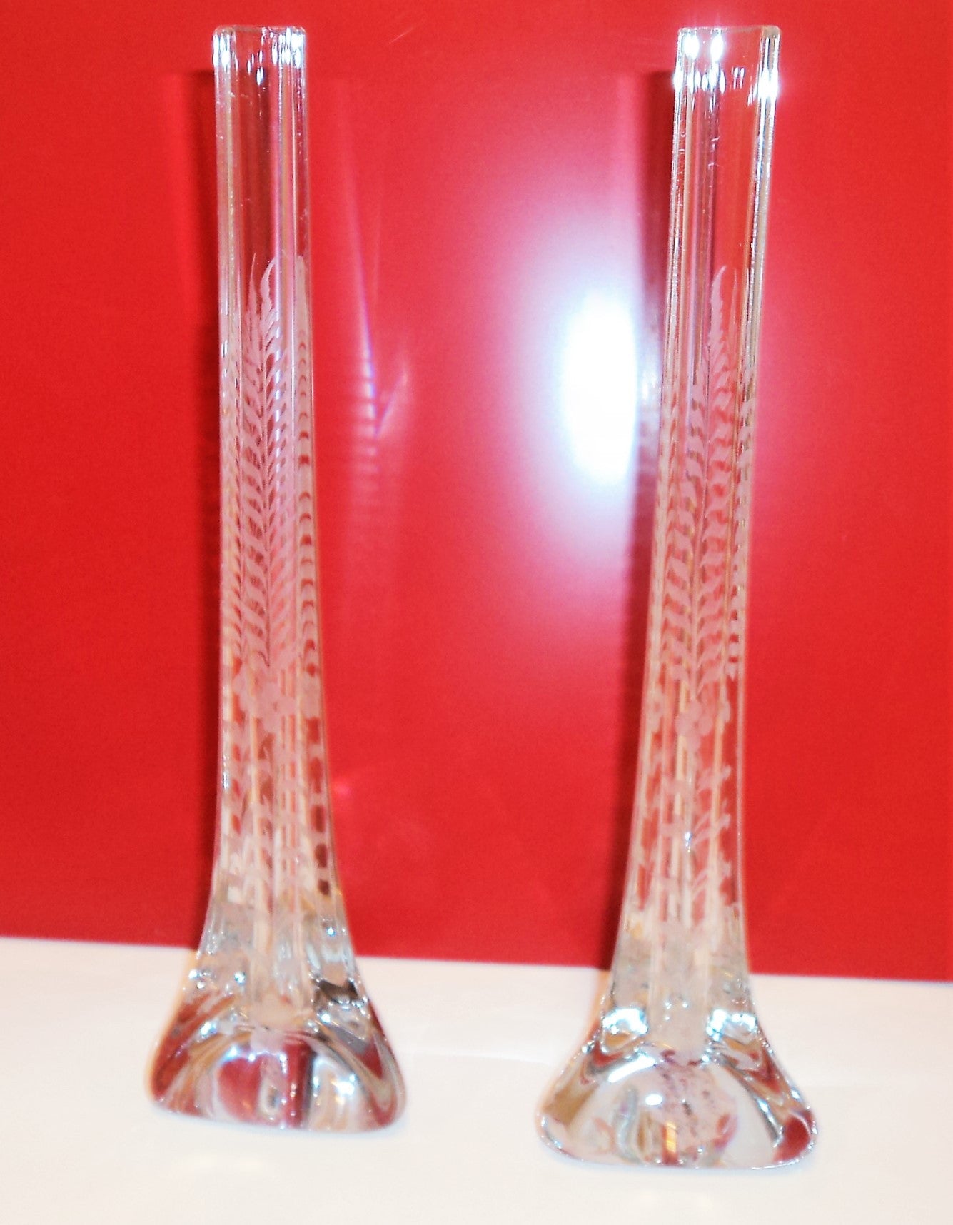 T.J. Hawkes Etched Crystal Bud Vase Pair