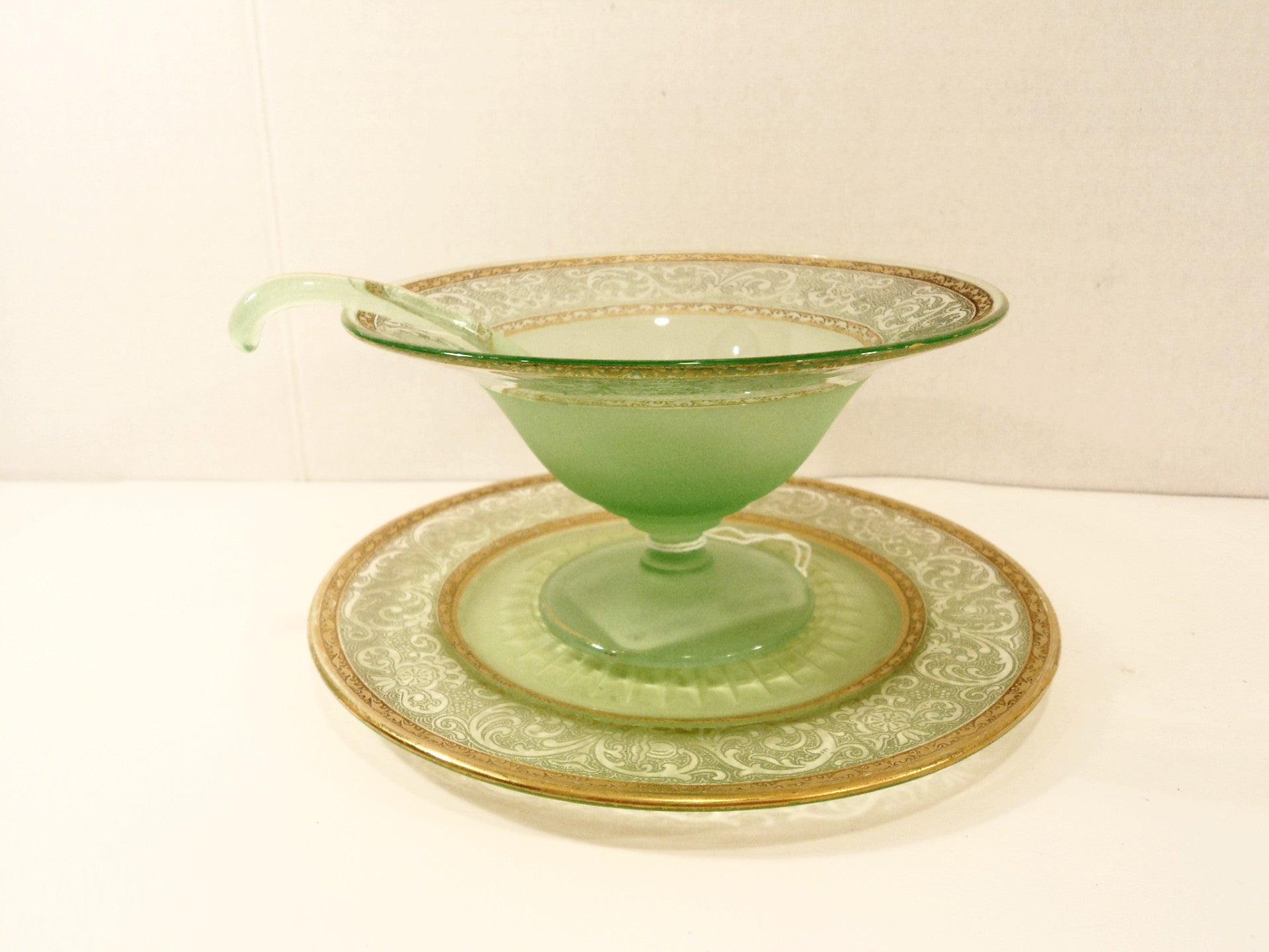 Vaseline Glass Depression-era Bowl with Ladle and  Dish