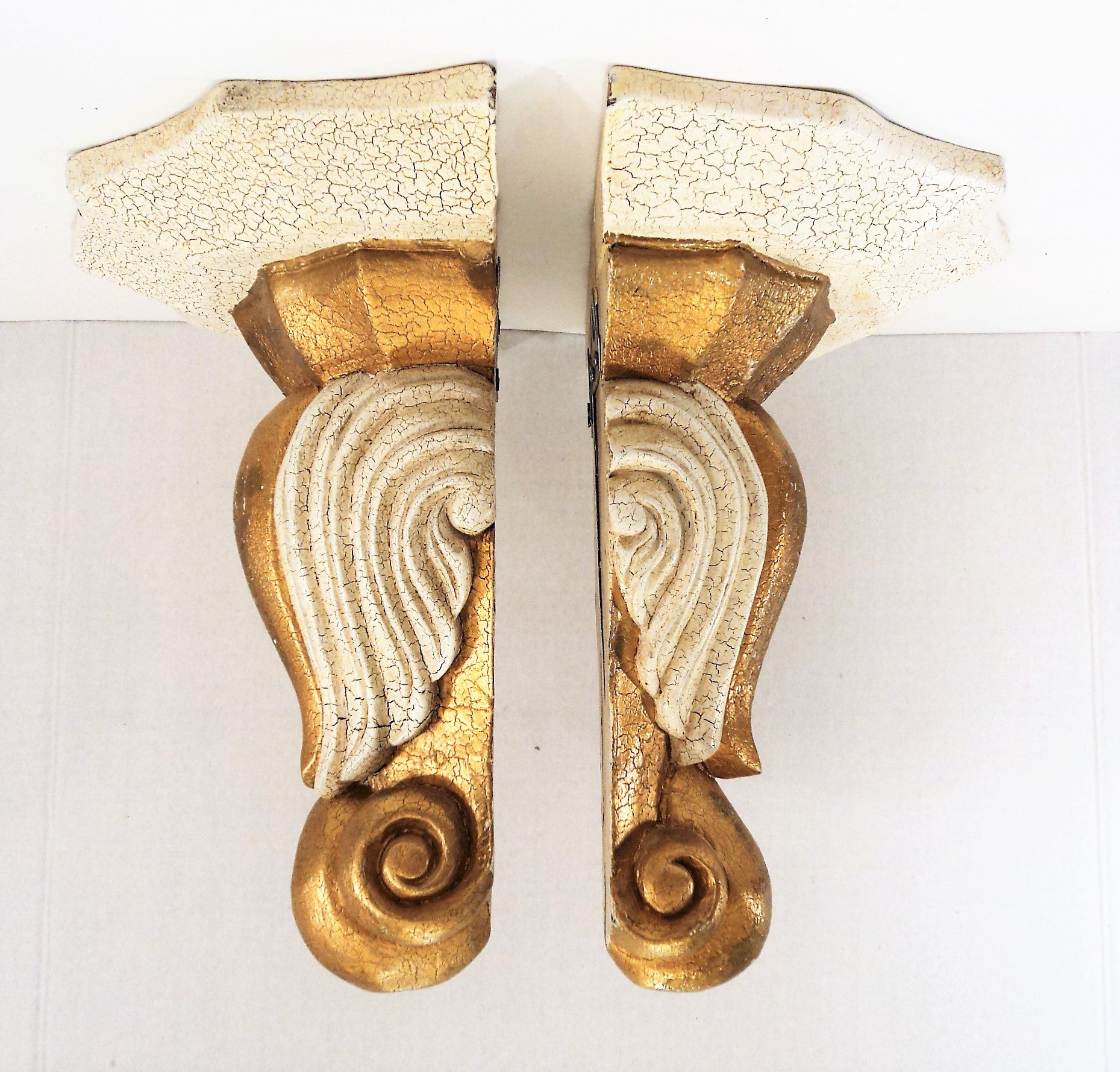 Gold and White Carved Wooden Shelf Pair