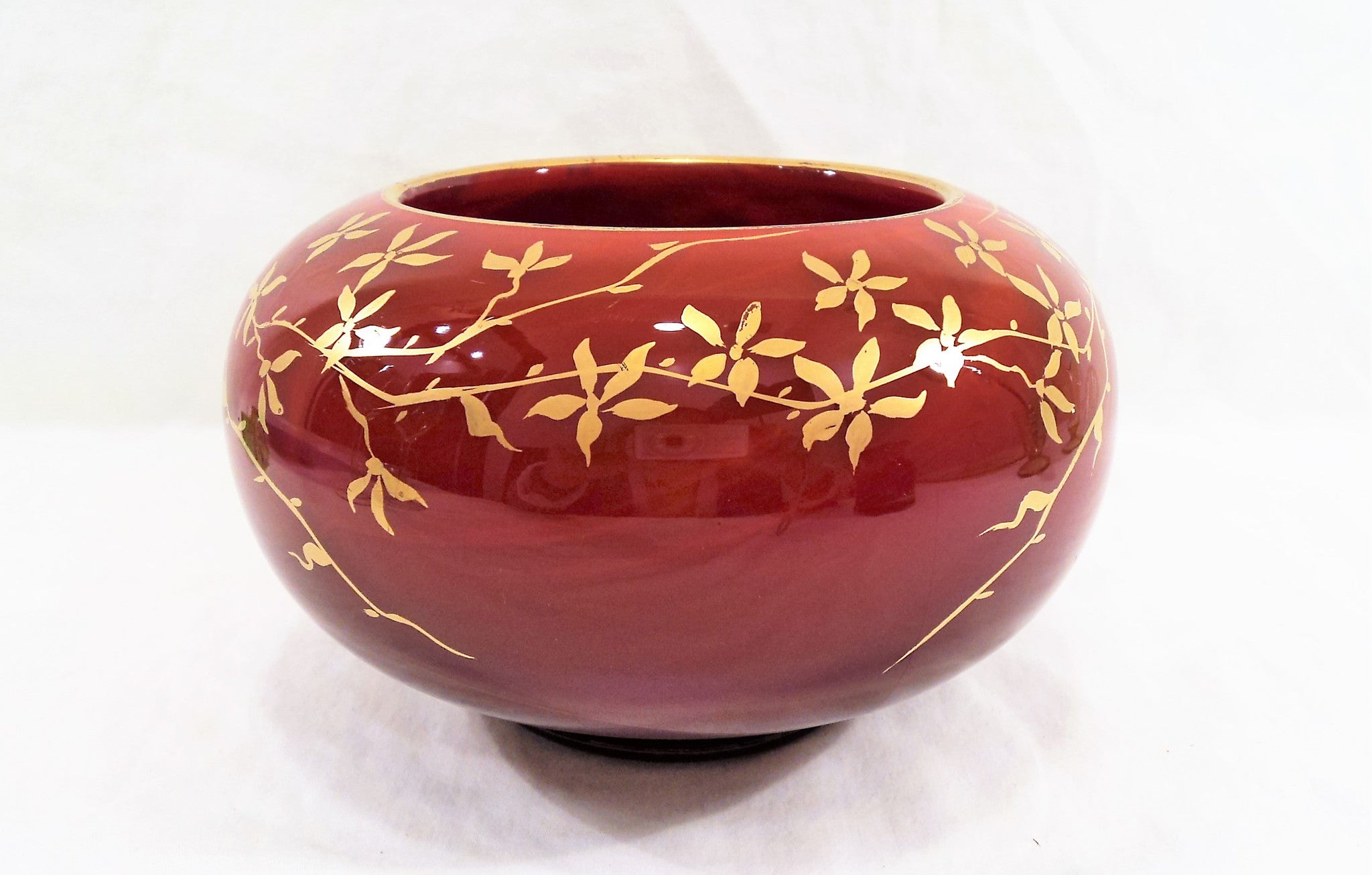 Vintage Molded Red Art Glass Bowl with Gold Accents