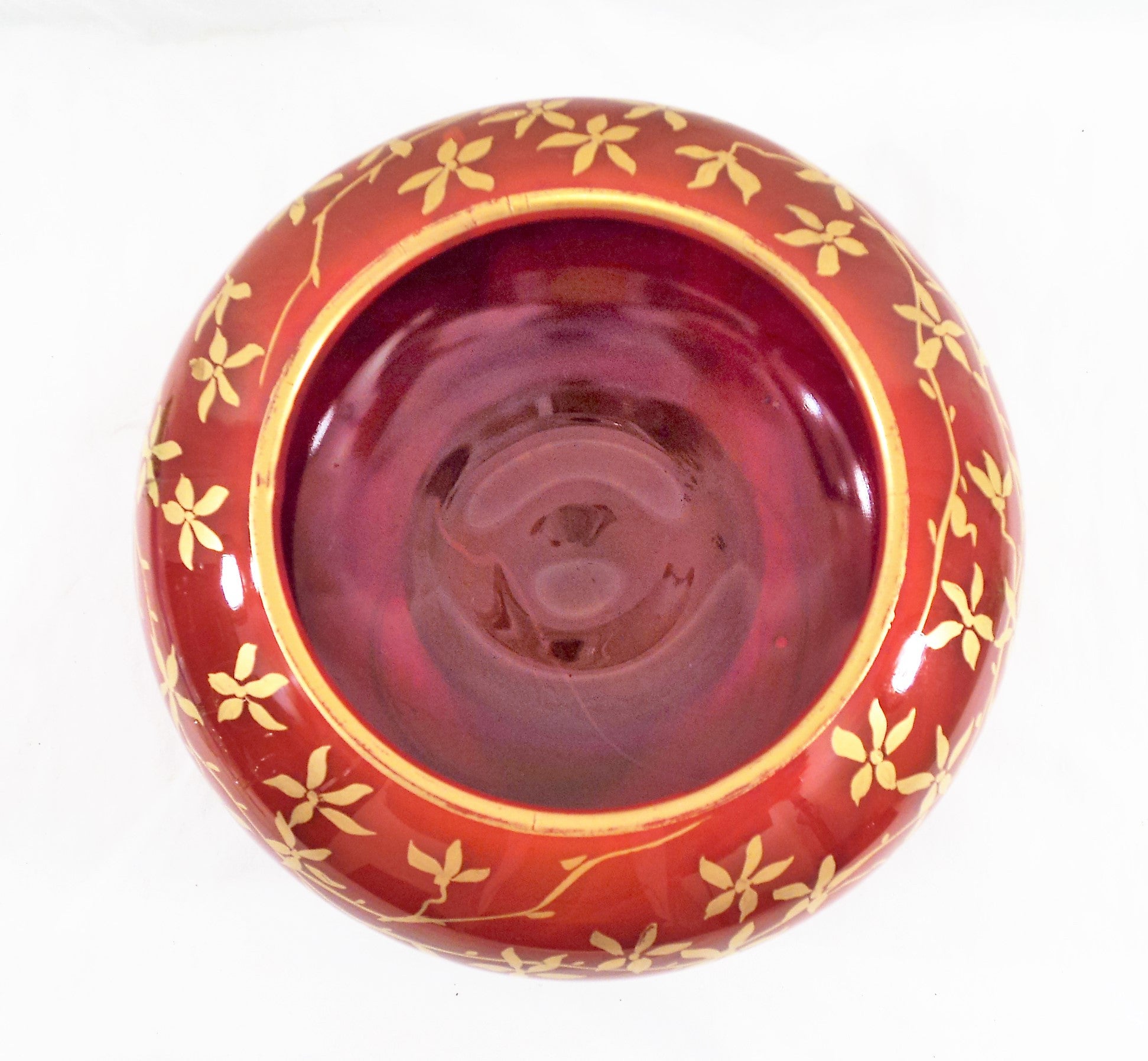 Vintage Molded Red Art Glass Bowl with Gold Accents
