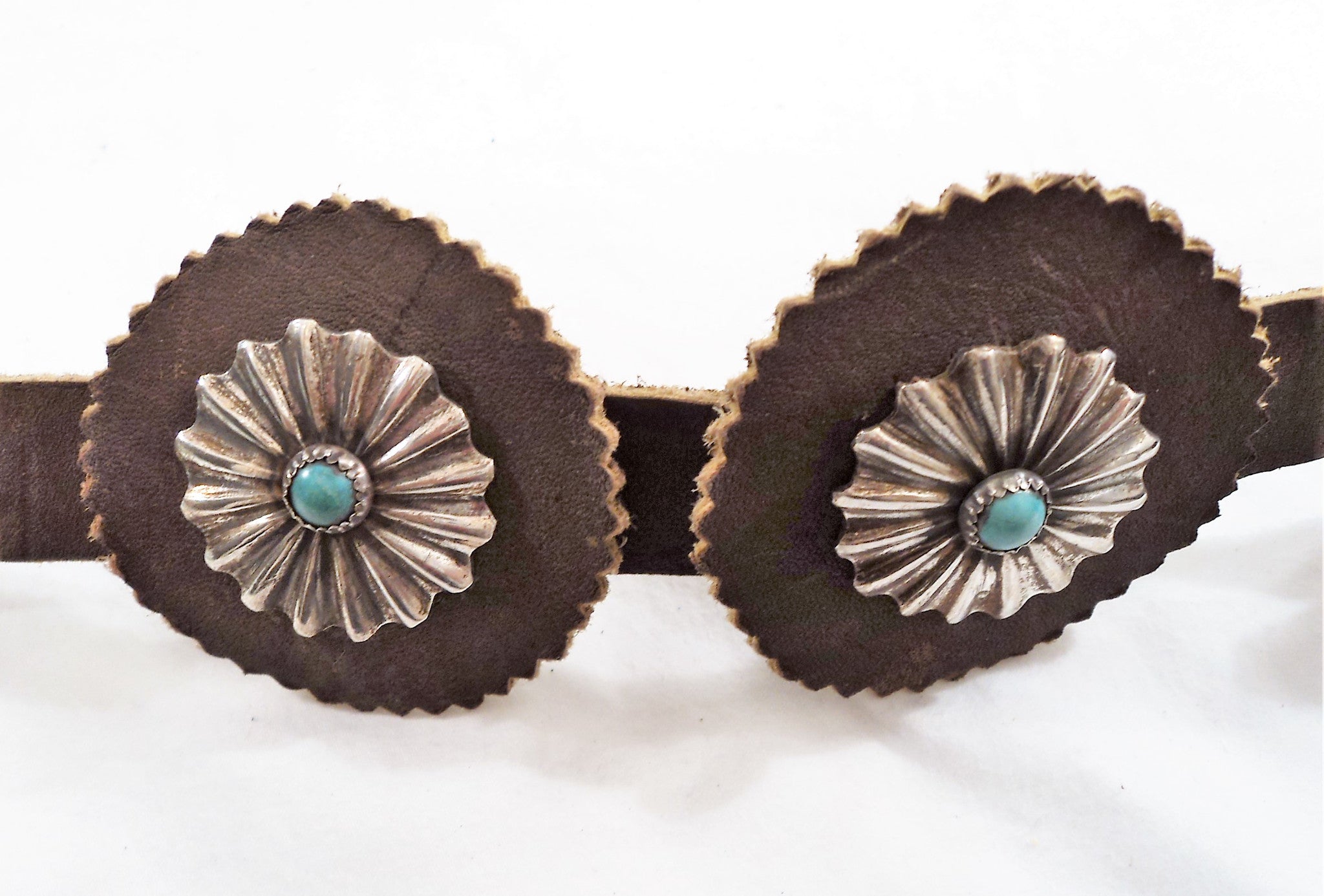 Vintage Native American Leather and Silver Turquoise Concho Belt