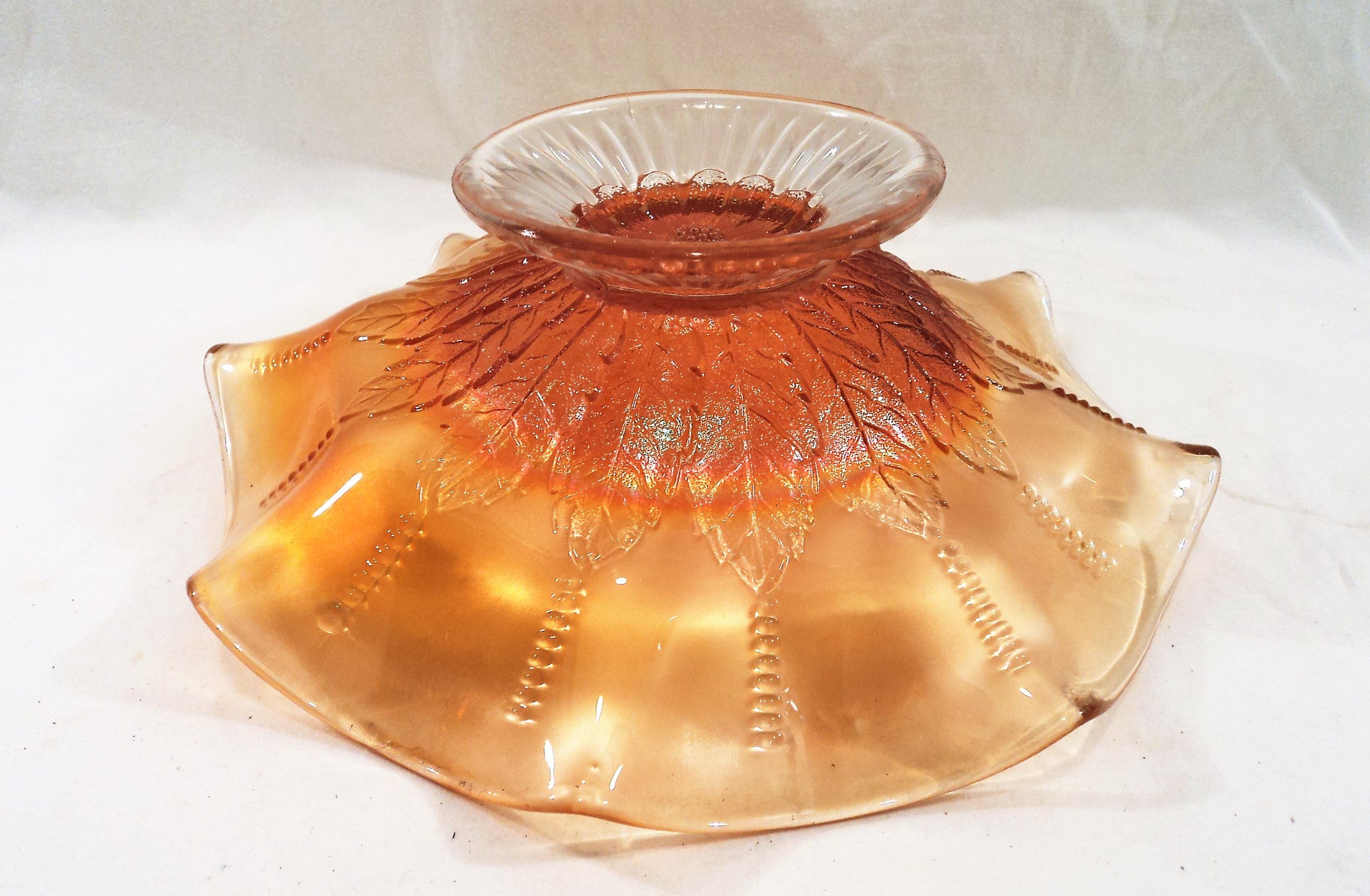 Northwood Marigold Carnival Glass Bead & Leaf Sunburst Footed Bowl