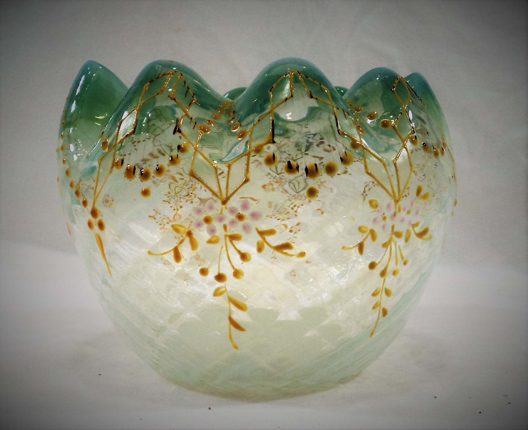 1890s Harrach Spiral Optic Opalescent Vaseline Rose Bowl