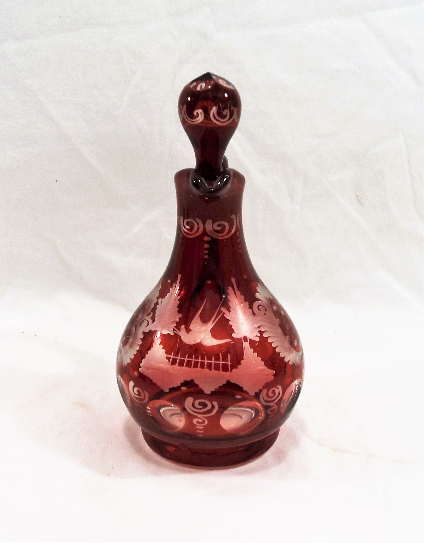 Antique Bohemian Ruby Red Stained Engraved Cruet