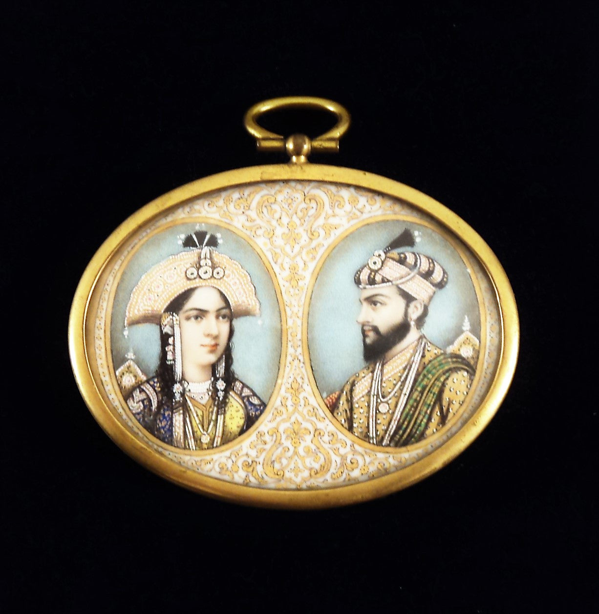 19th C. Shah Jahan and Mumtaz Mahal Miniature Portrait