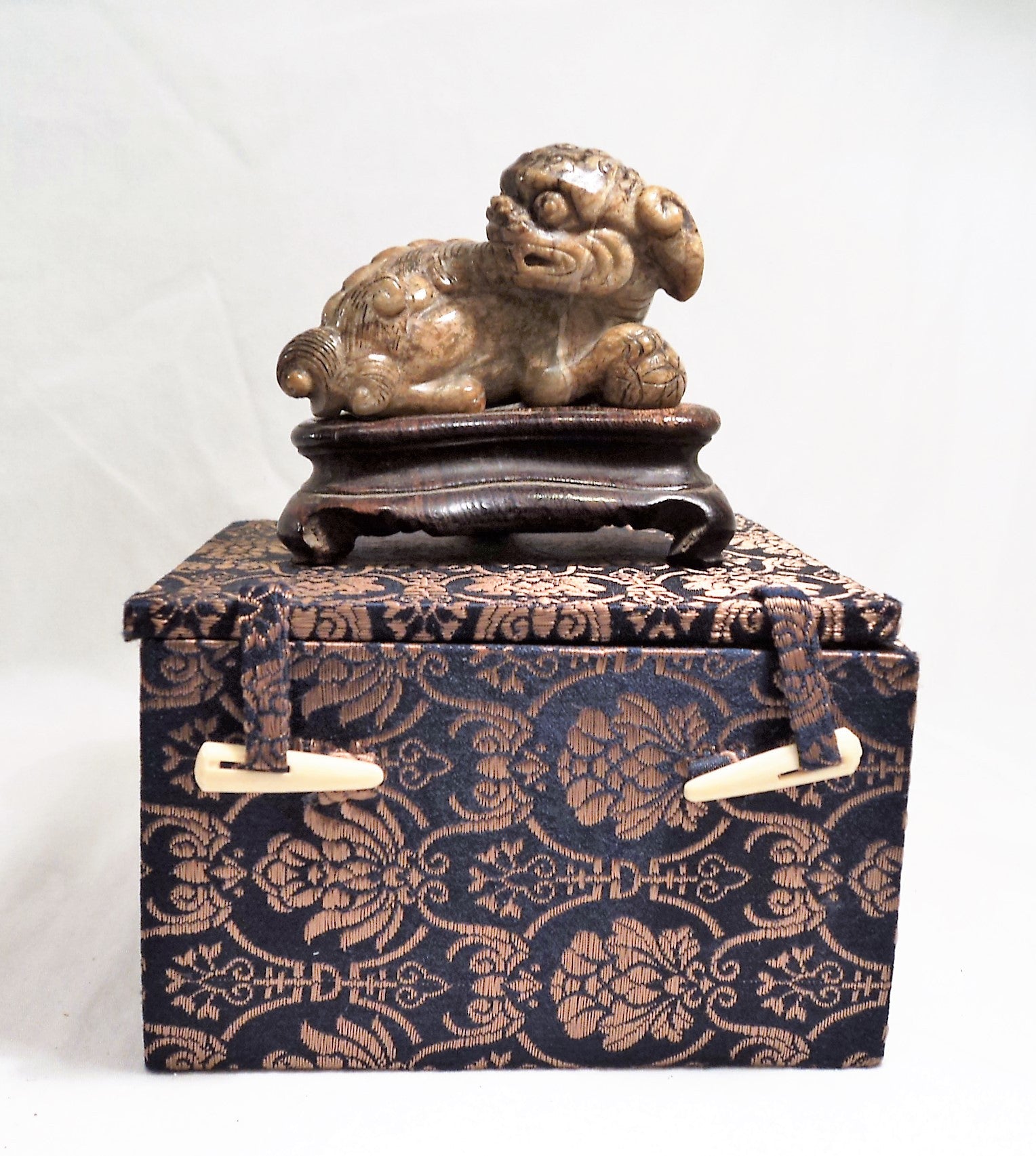 Ming Dynasty (1368-1644) Carved Antique Soapstone Temple Lion with Ball