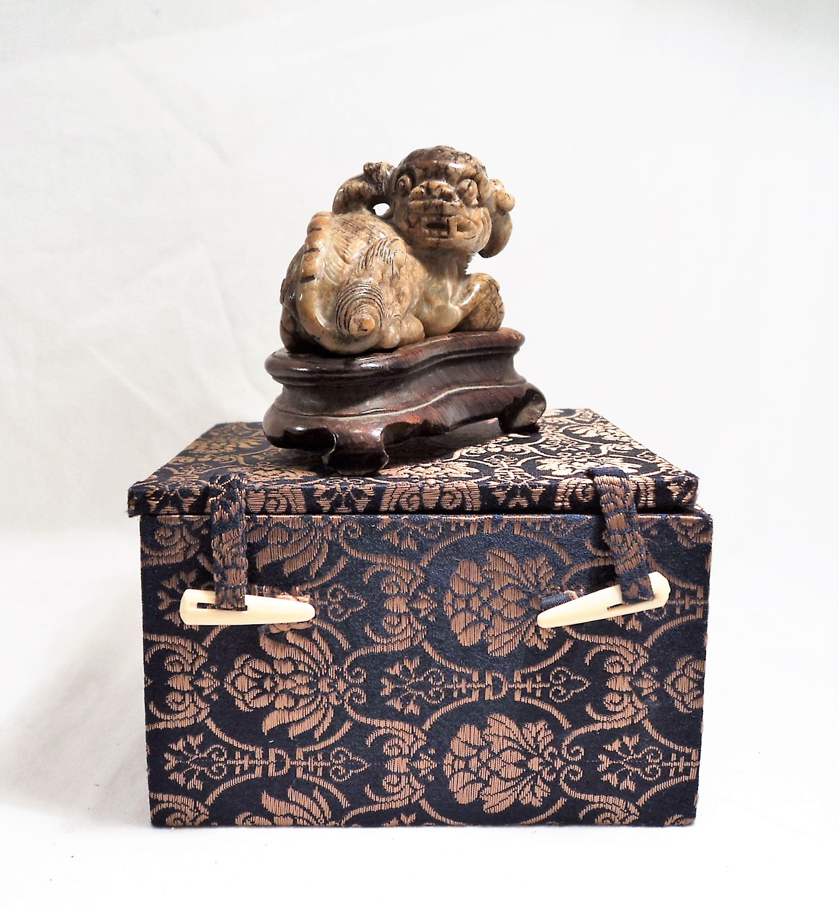 Ming Dynasty (1368-1644) Carved Antique Soapstone Temple Lion with Ball