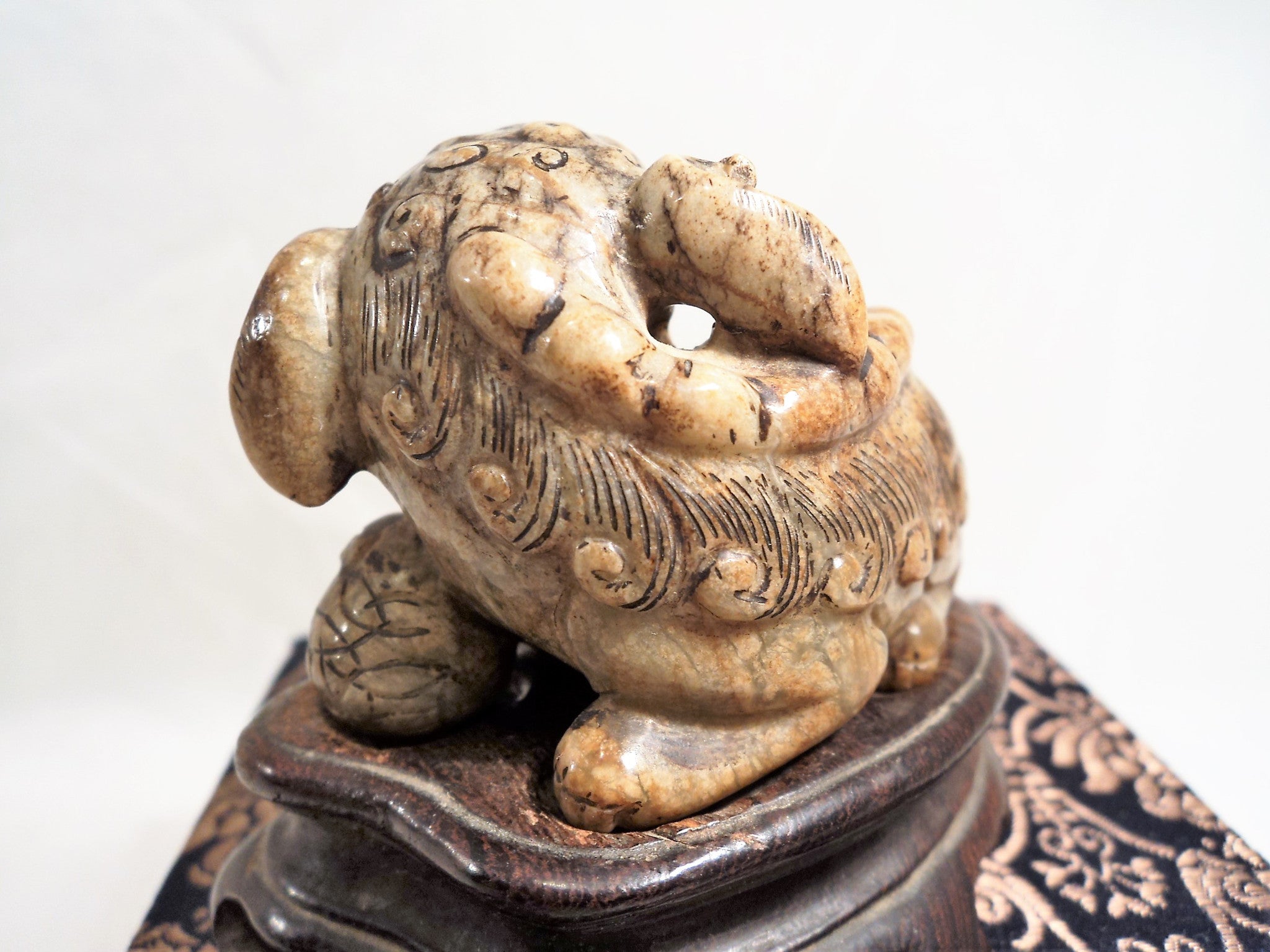 Ming Dynasty (1368-1644) Carved Antique Soapstone Temple Lion with Ball