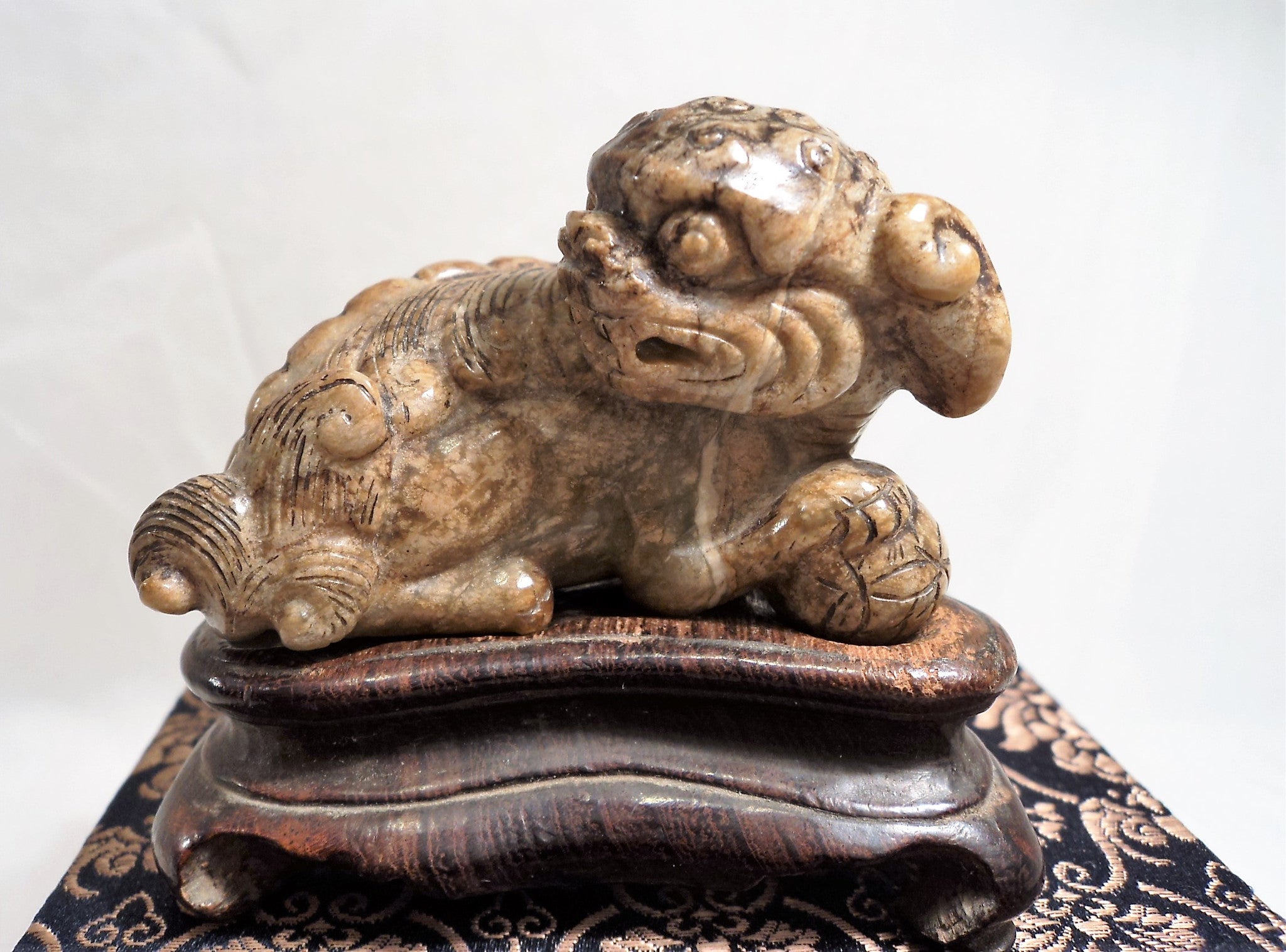 Ming Dynasty (1368-1644) Carved Antique Soapstone Temple Lion with Ball