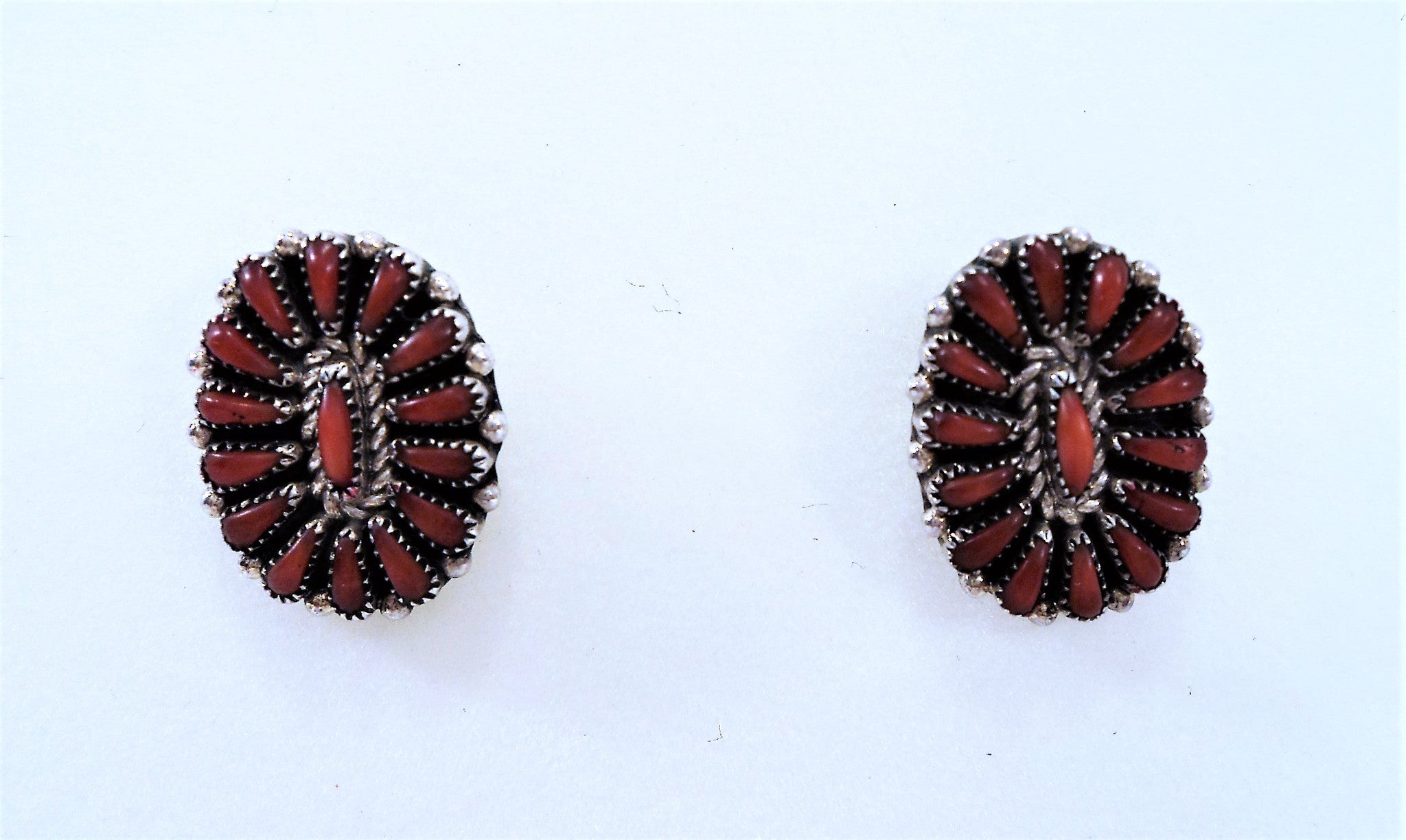 Native American Zuni Needlepoint Coral and Sterling Silver Earrings