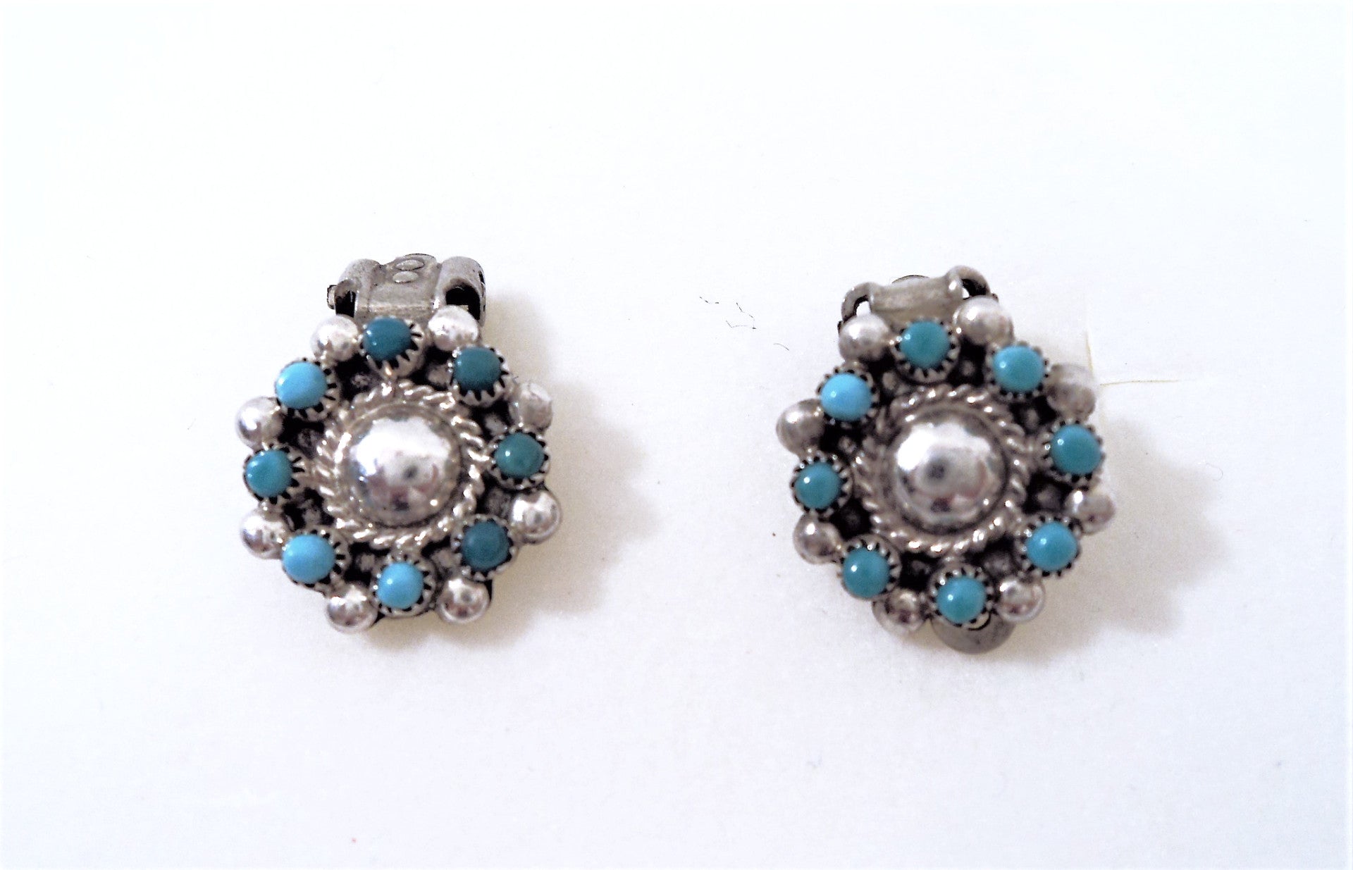 Native American Zuni Petit Point Silver and Turquoise Clip-On Earrings
