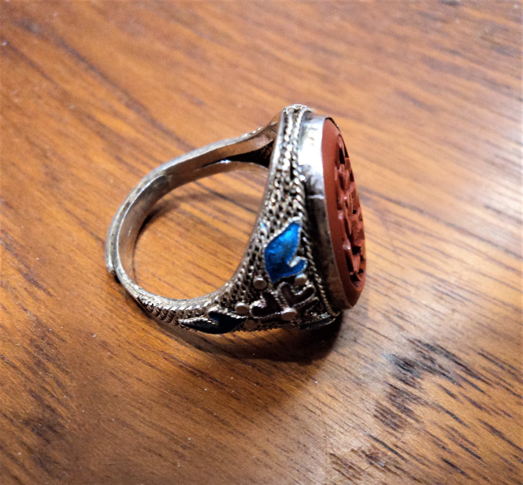 1920s Silver and Blue Enamel Cinnabar Ring