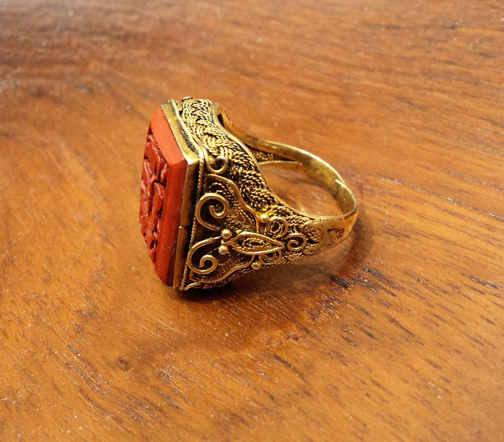 1920s Gold Vermeil Cinnabar Ring