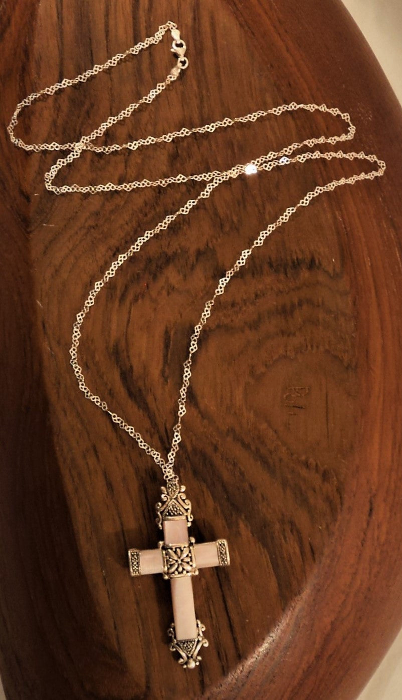 Thailand Pink Mother of Pearl and Sterling Silver Cross Necklace