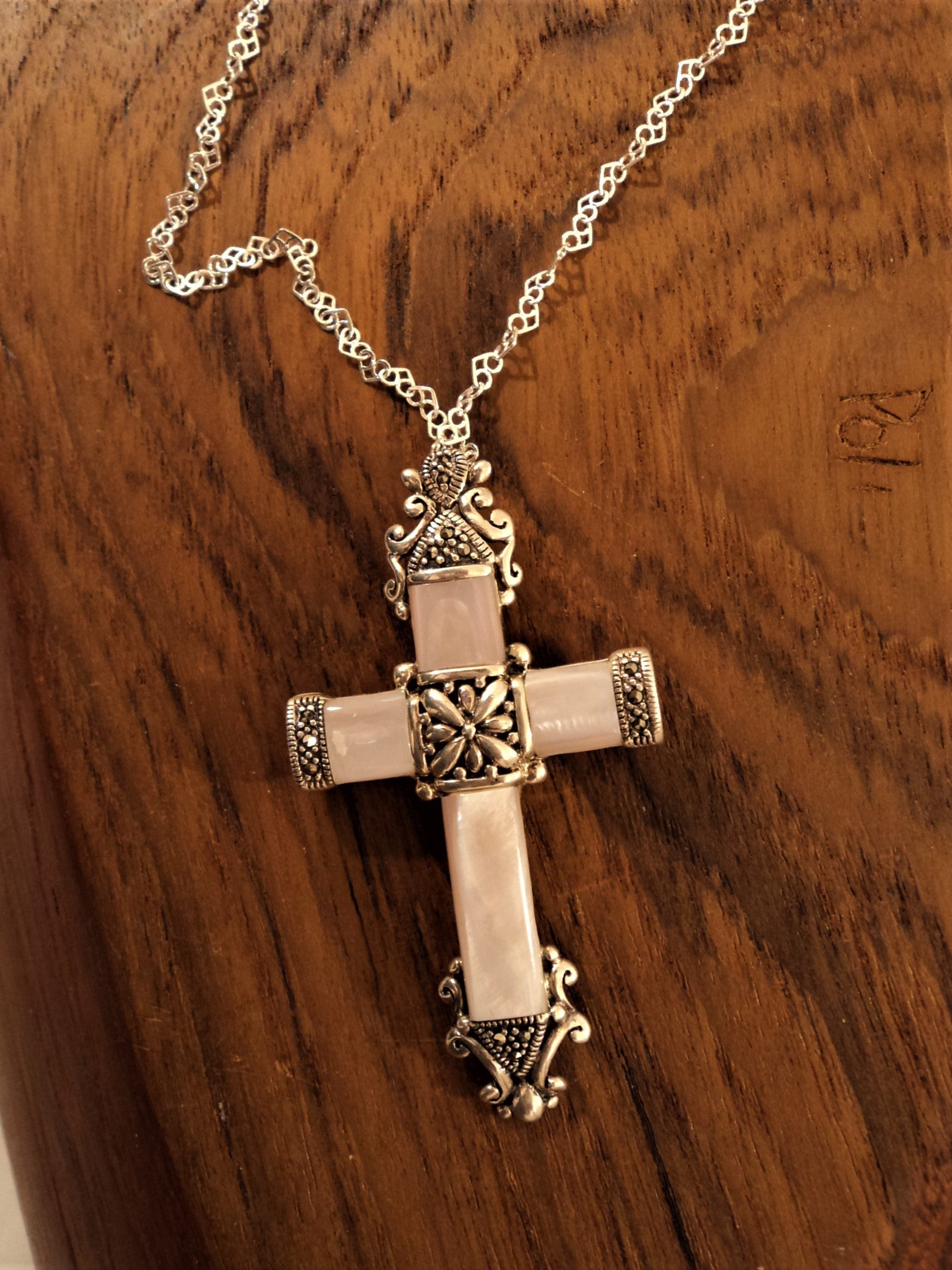 Thailand Pink Mother of Pearl and Sterling Silver Cross Necklace