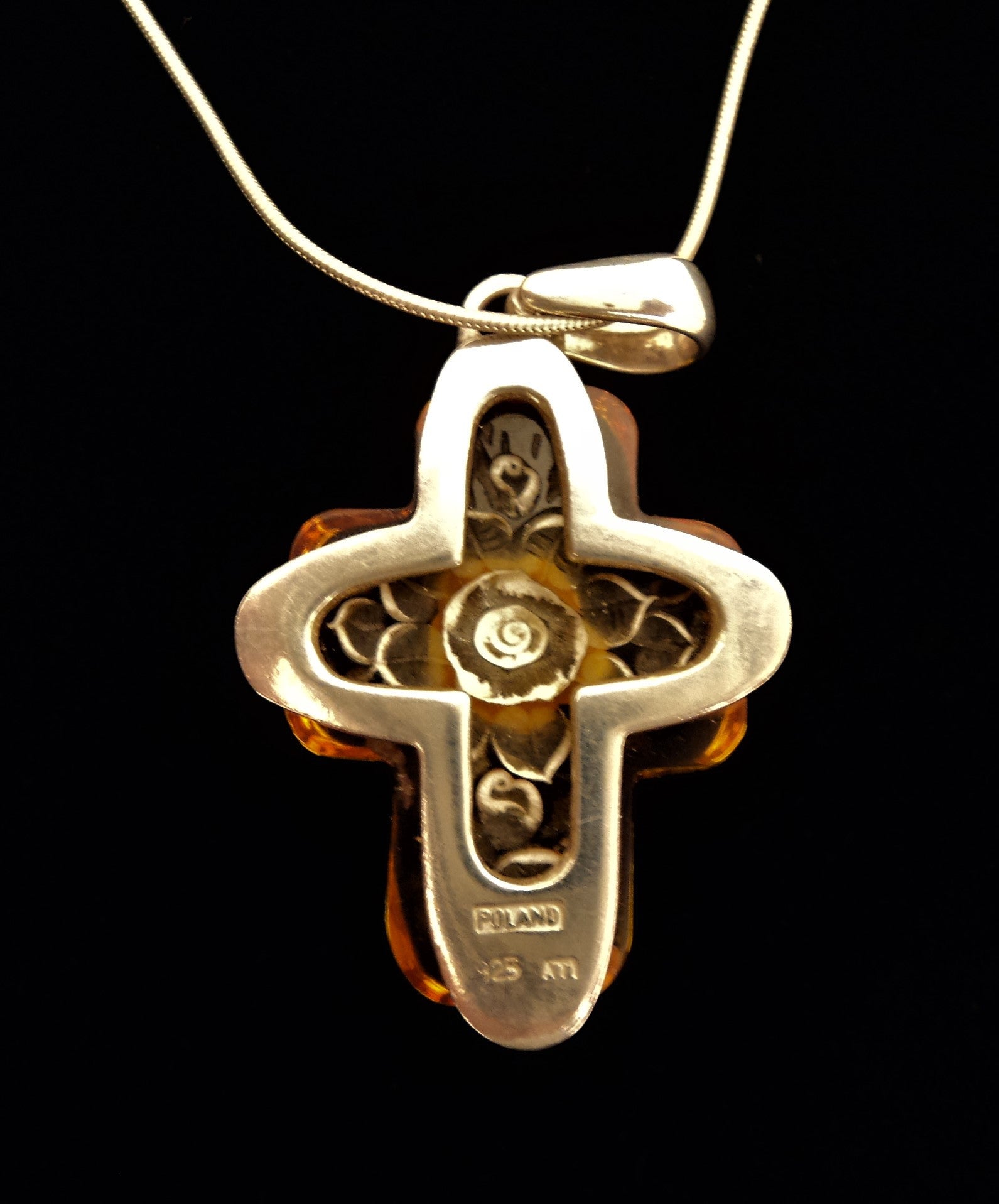 Italian Sterling Silver and Carved Baltic Amber Cross Necklace