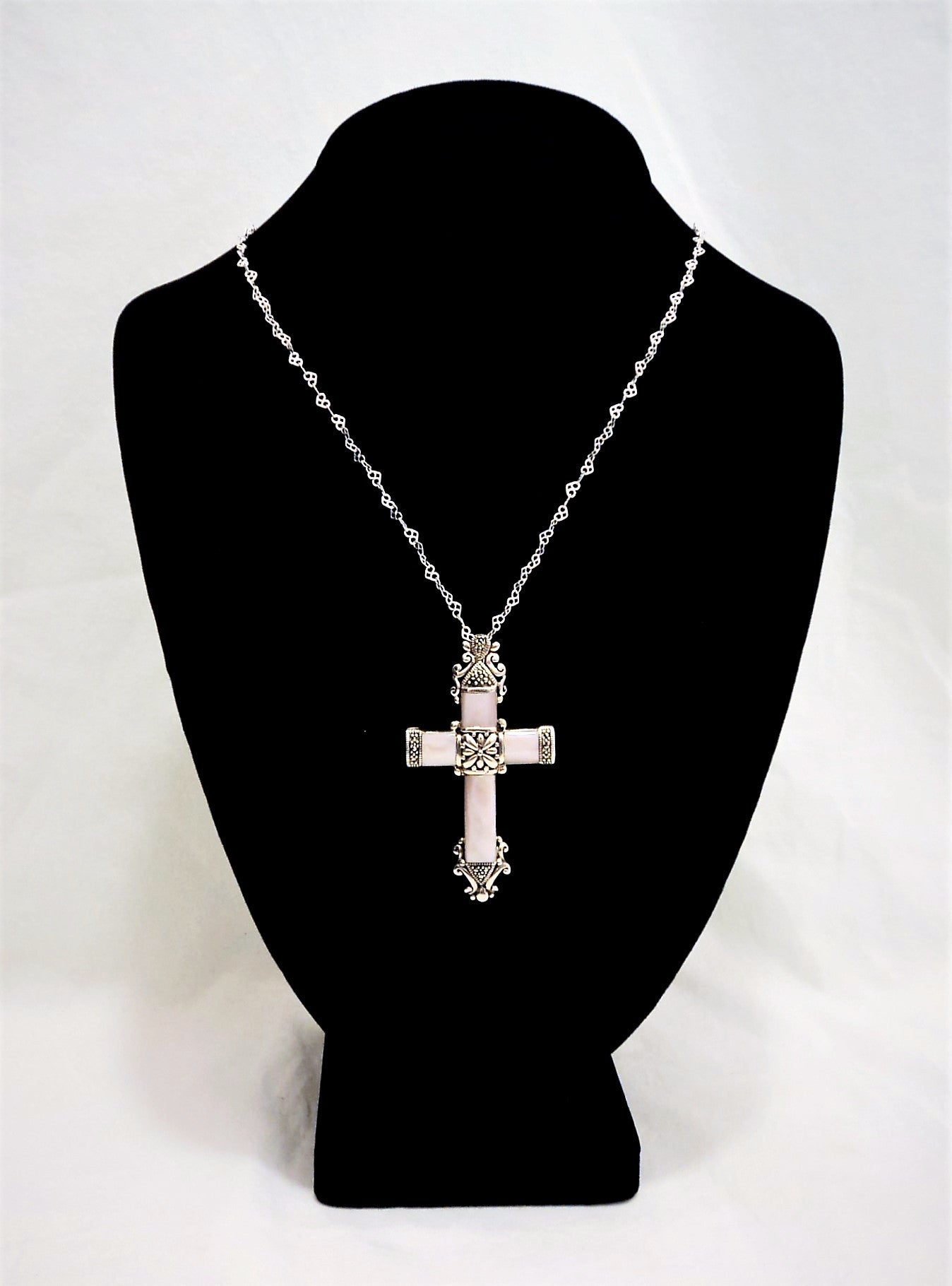 Thailand Pink Mother of Pearl and Sterling Silver Cross Necklace