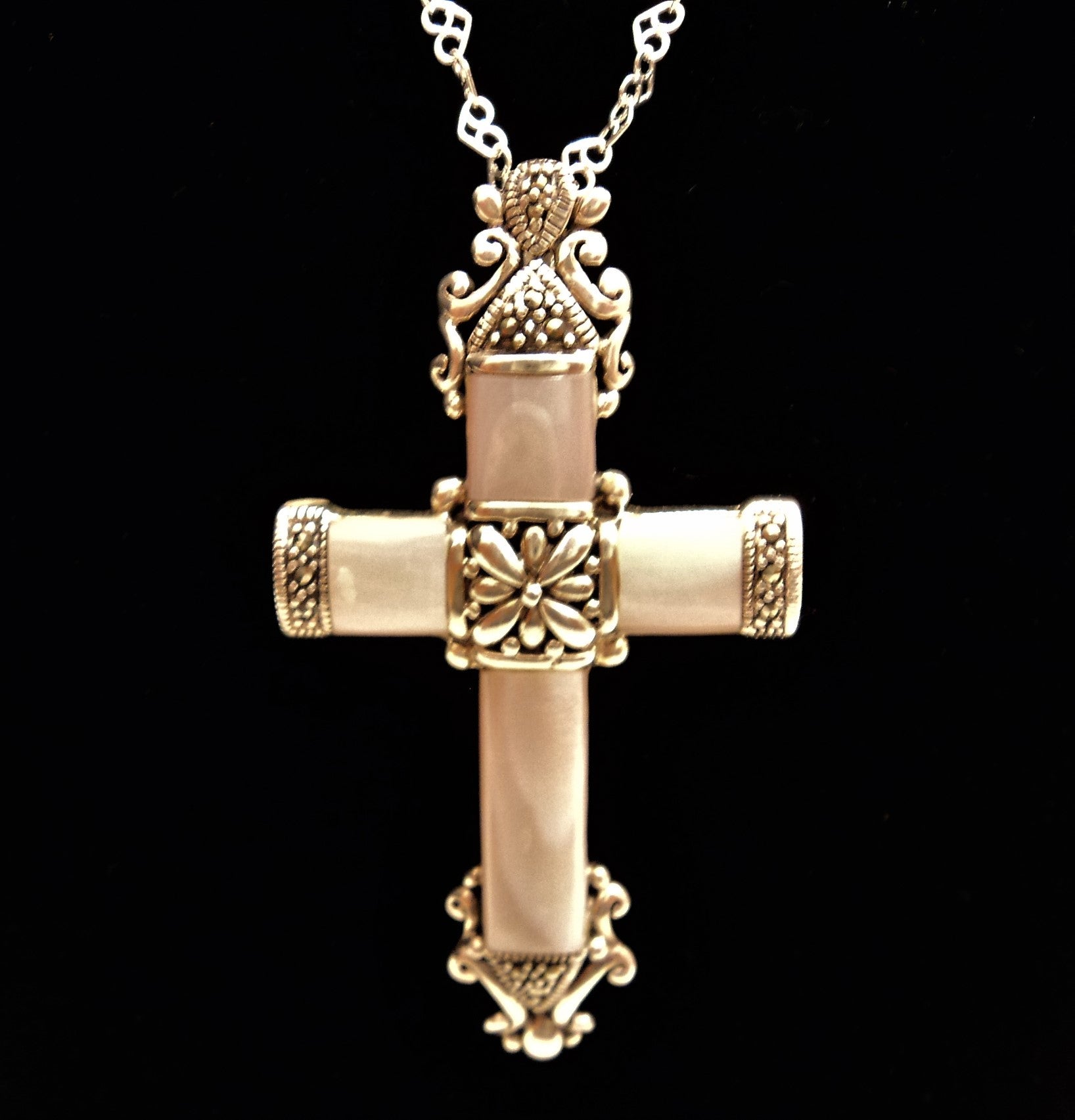 Thailand Pink Mother of Pearl and Sterling Silver Cross Necklace