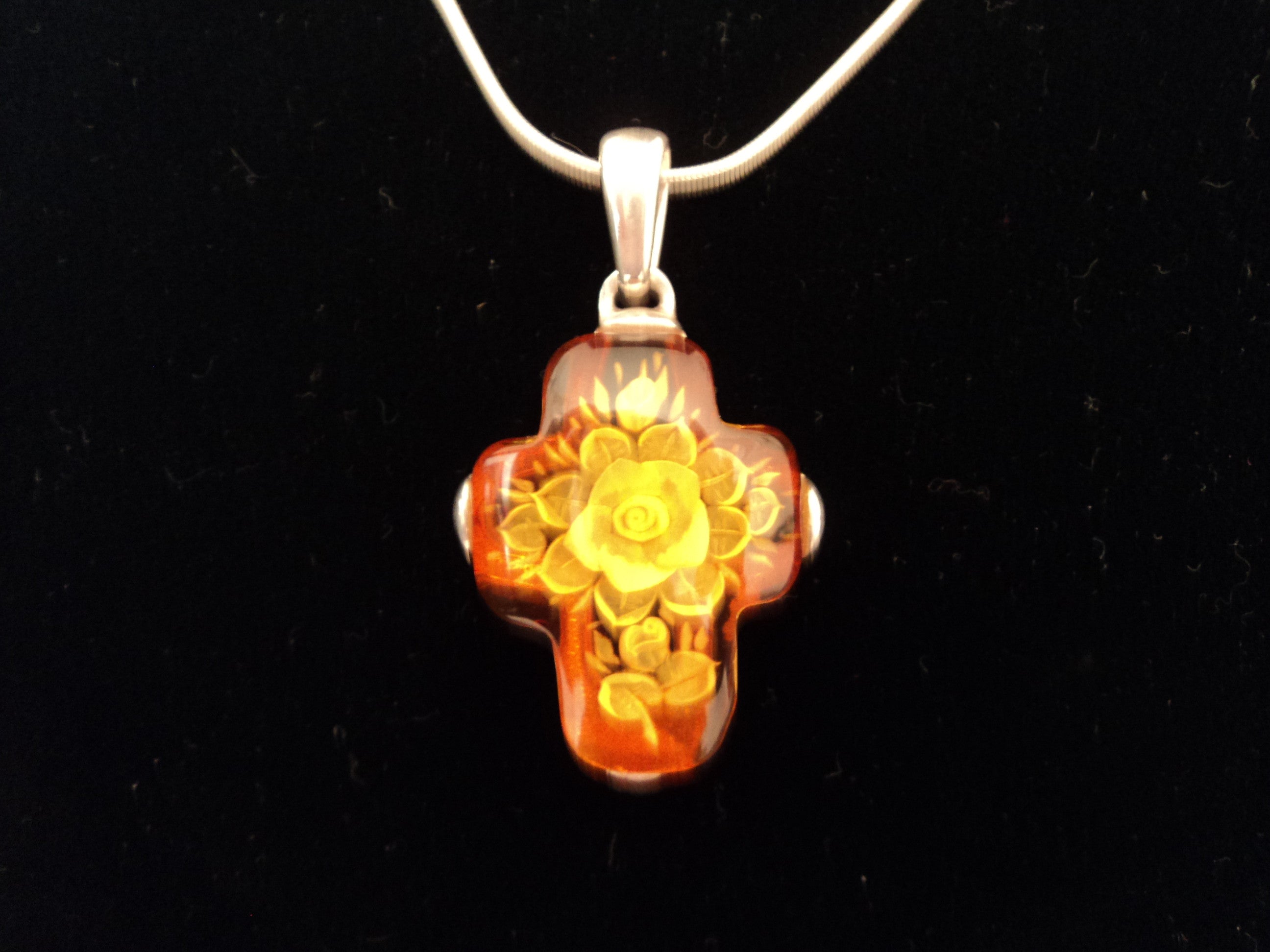 Italian Sterling Silver and Carved Baltic Amber Cross Necklace