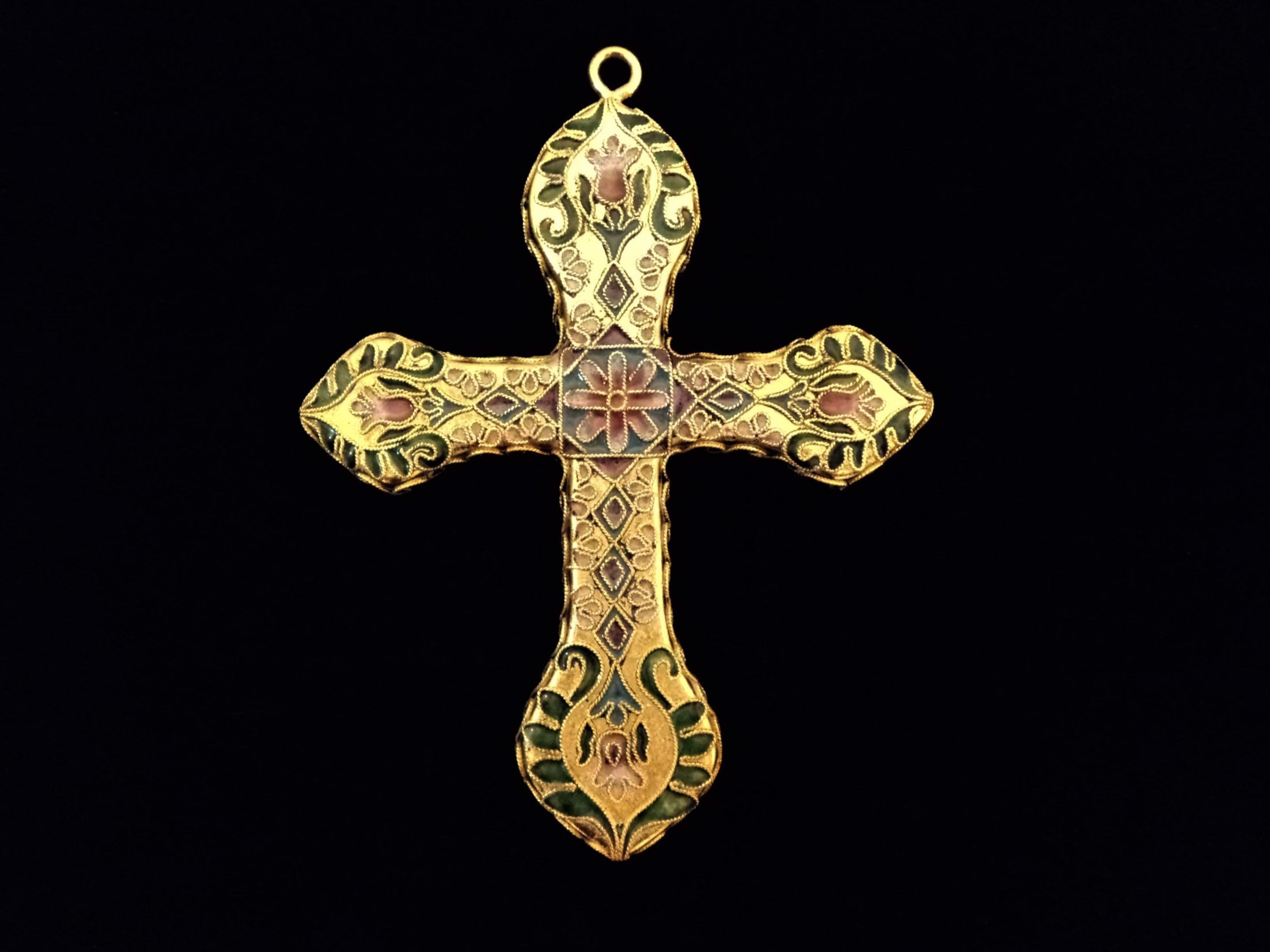 Gold and Green Enamel Cloisonne Cross