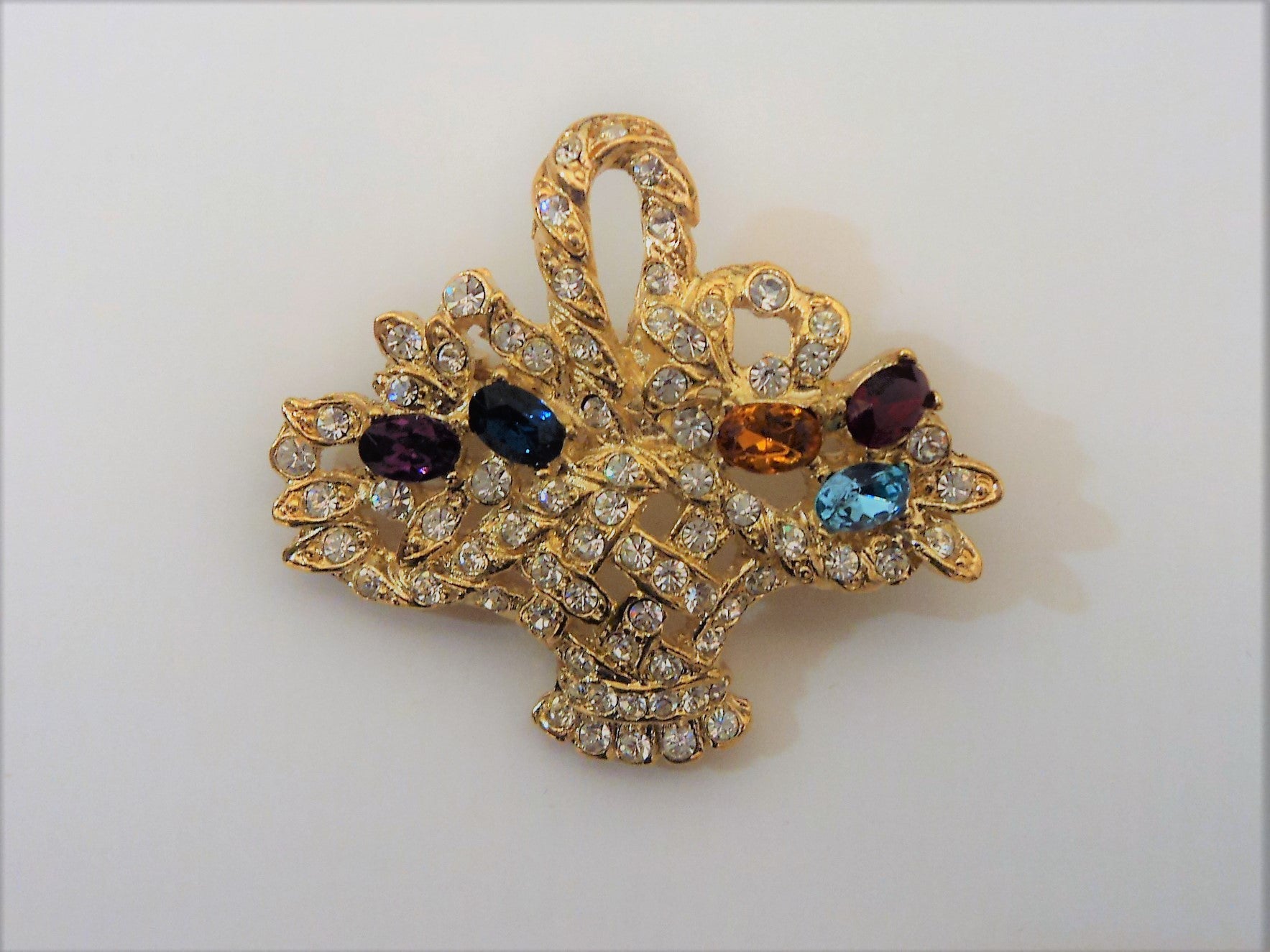 Vintage Goldtone Colored Cubic Zirconia and Rhinestones Basket Brooch