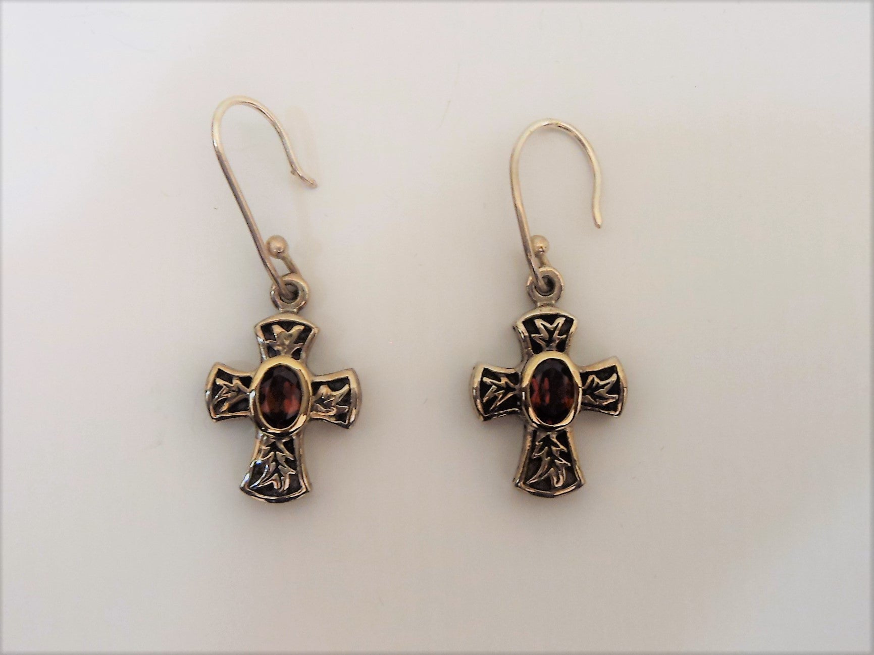 Sterling Silver Bali Style Cross and Garnet Earrings