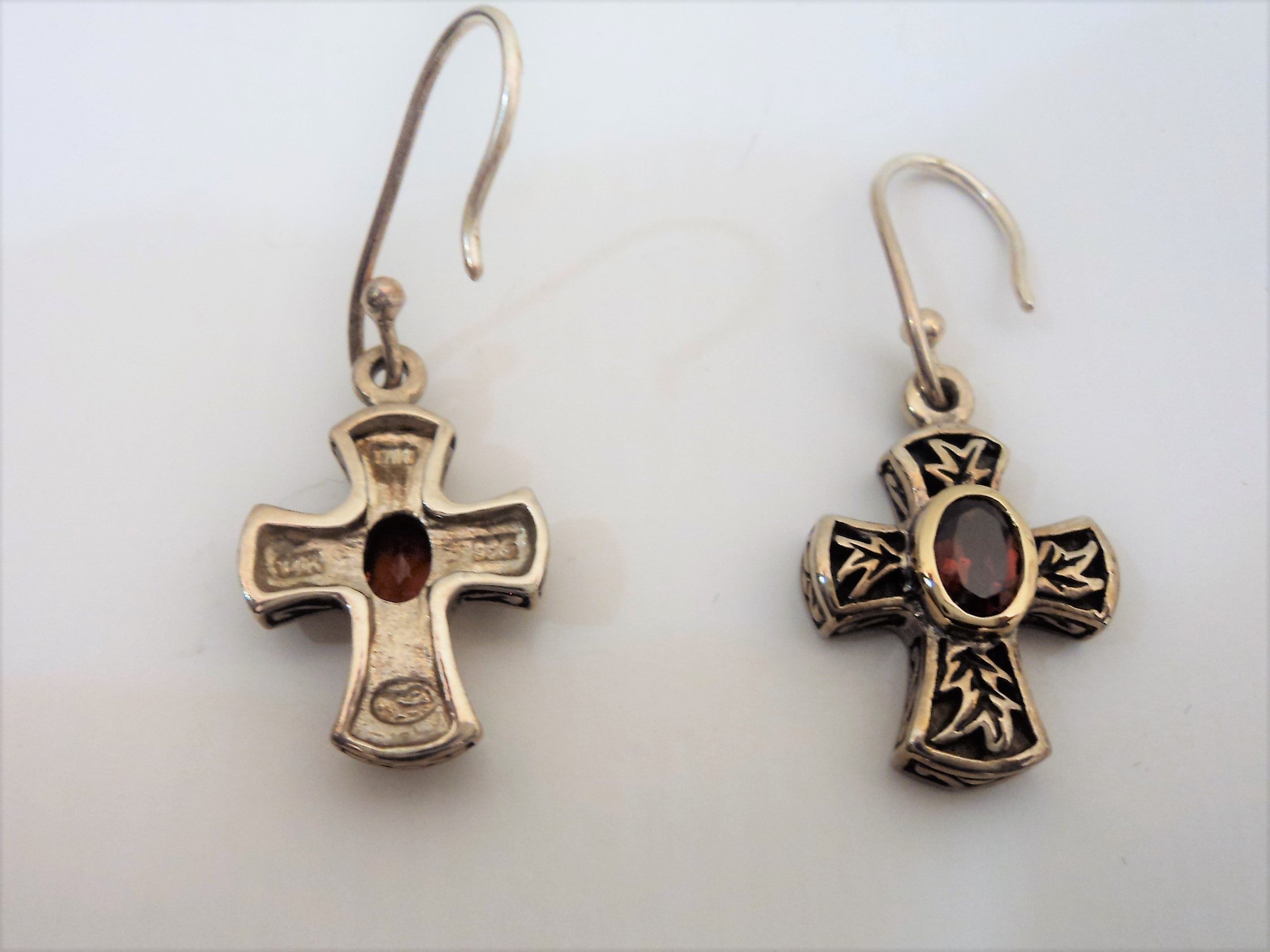 Sterling Silver Bali Style Cross and Garnet Earrings