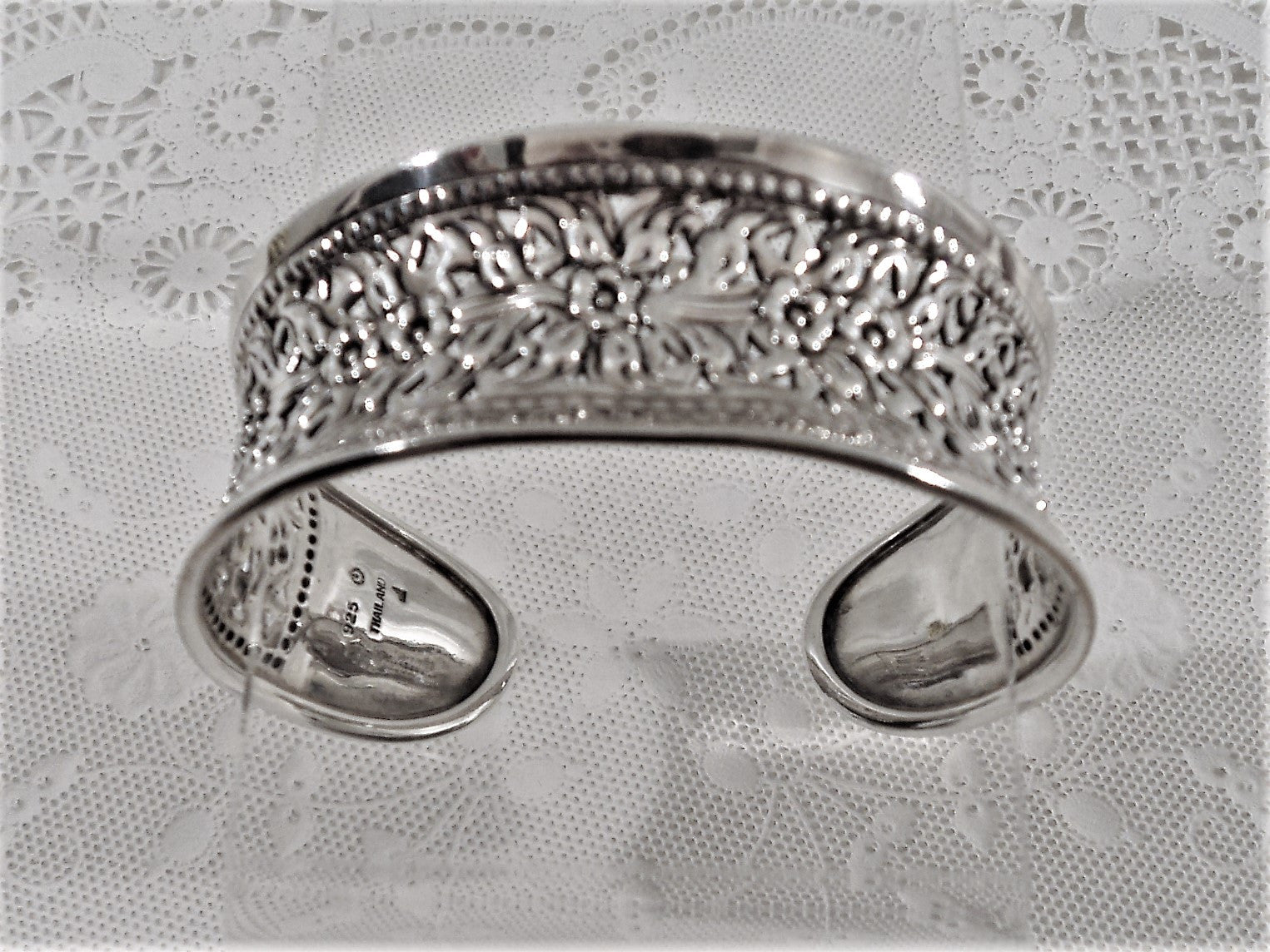 Sterling Silver Bracelet Cuff with Floral Repousse