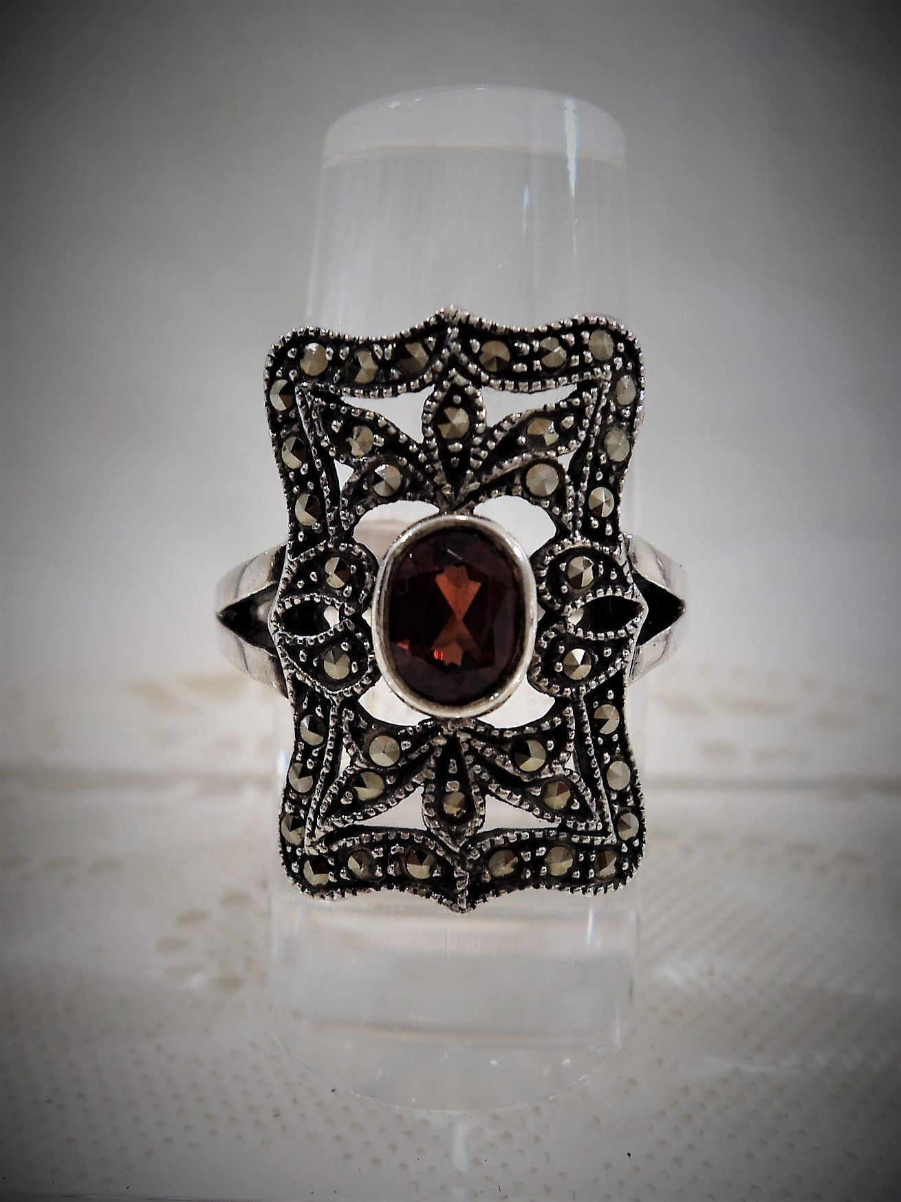 Vintage Marcasite Cocktail Ring with Garnet Center