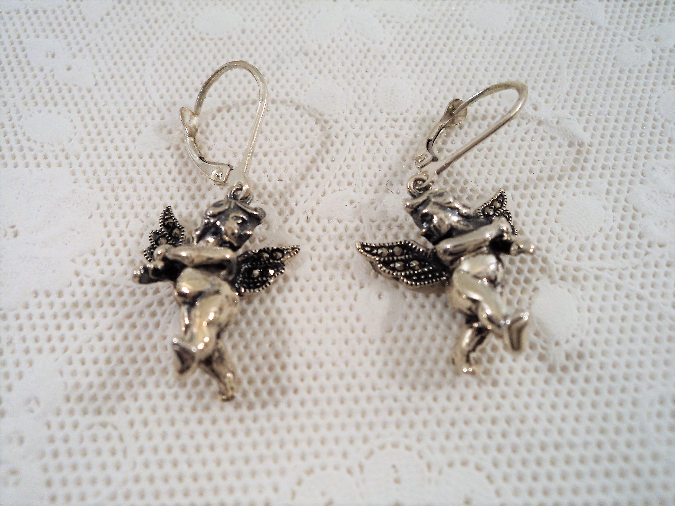 Vintage Sterling Silver Marcasite Putti Cherub Earrings