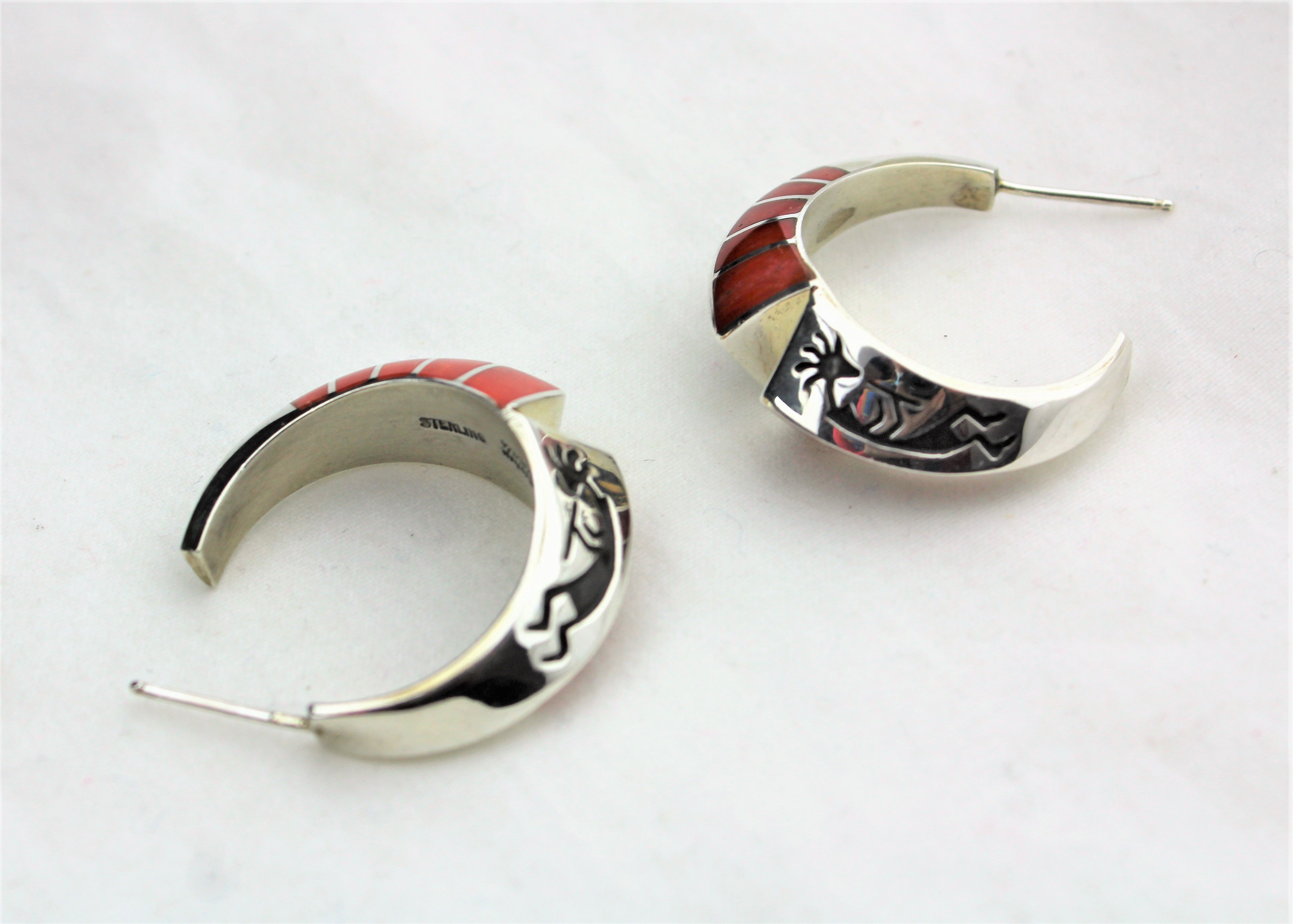 Sterling Kokopelli Coral Inlay Earrings