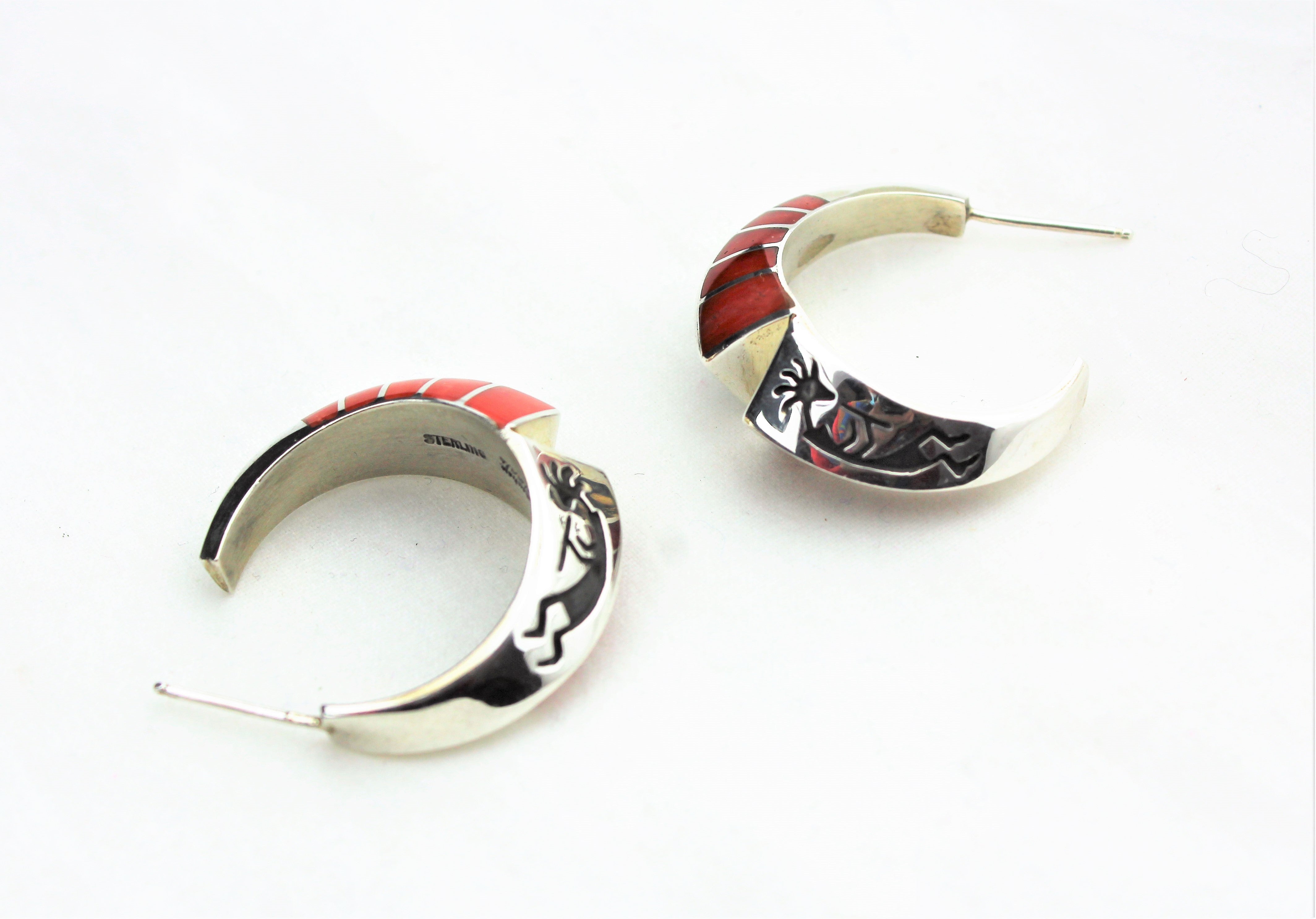 Sterling Kokopelli Coral Inlay Earrings