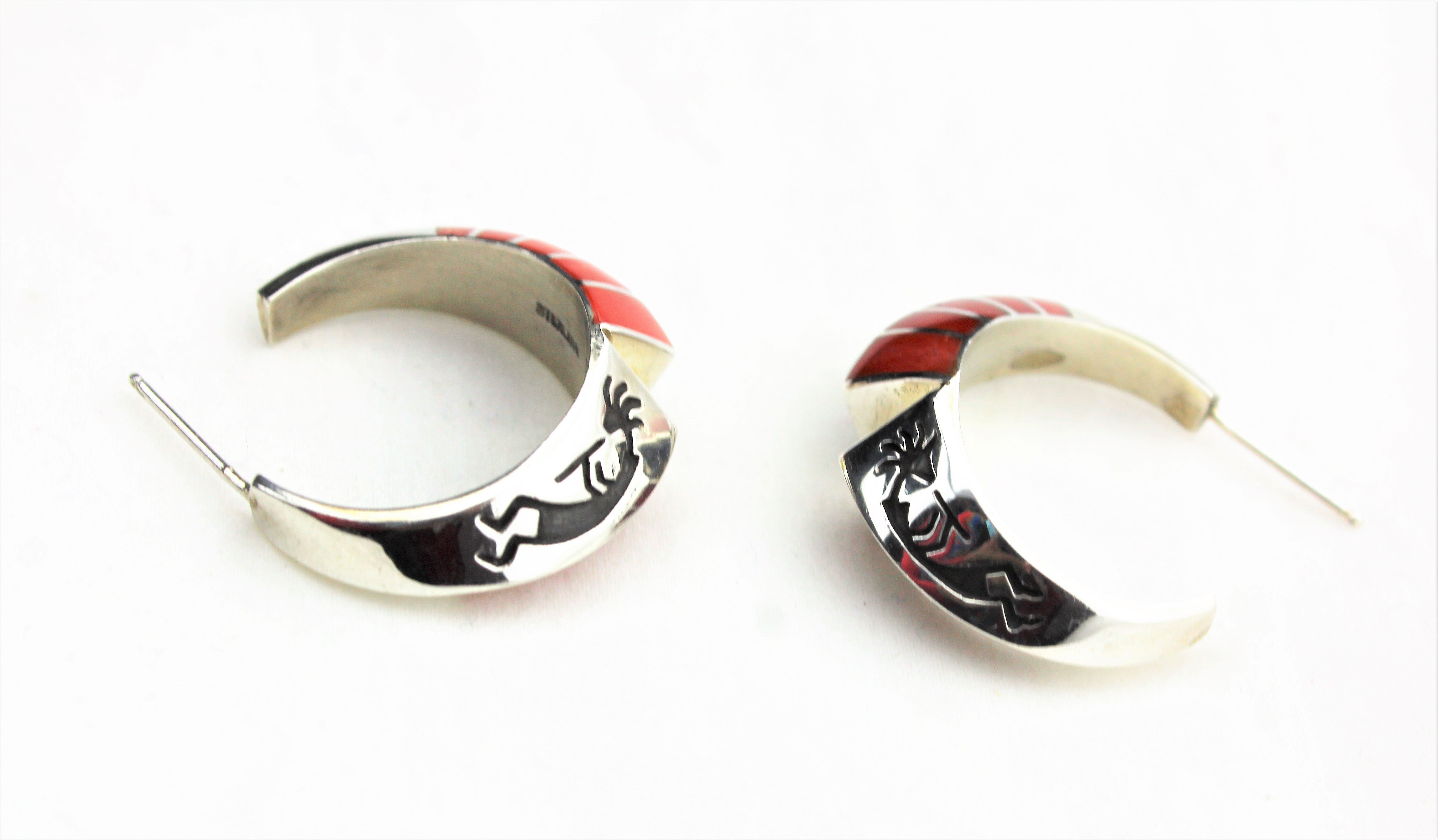 Sterling Kokopelli Coral Inlay Earrings