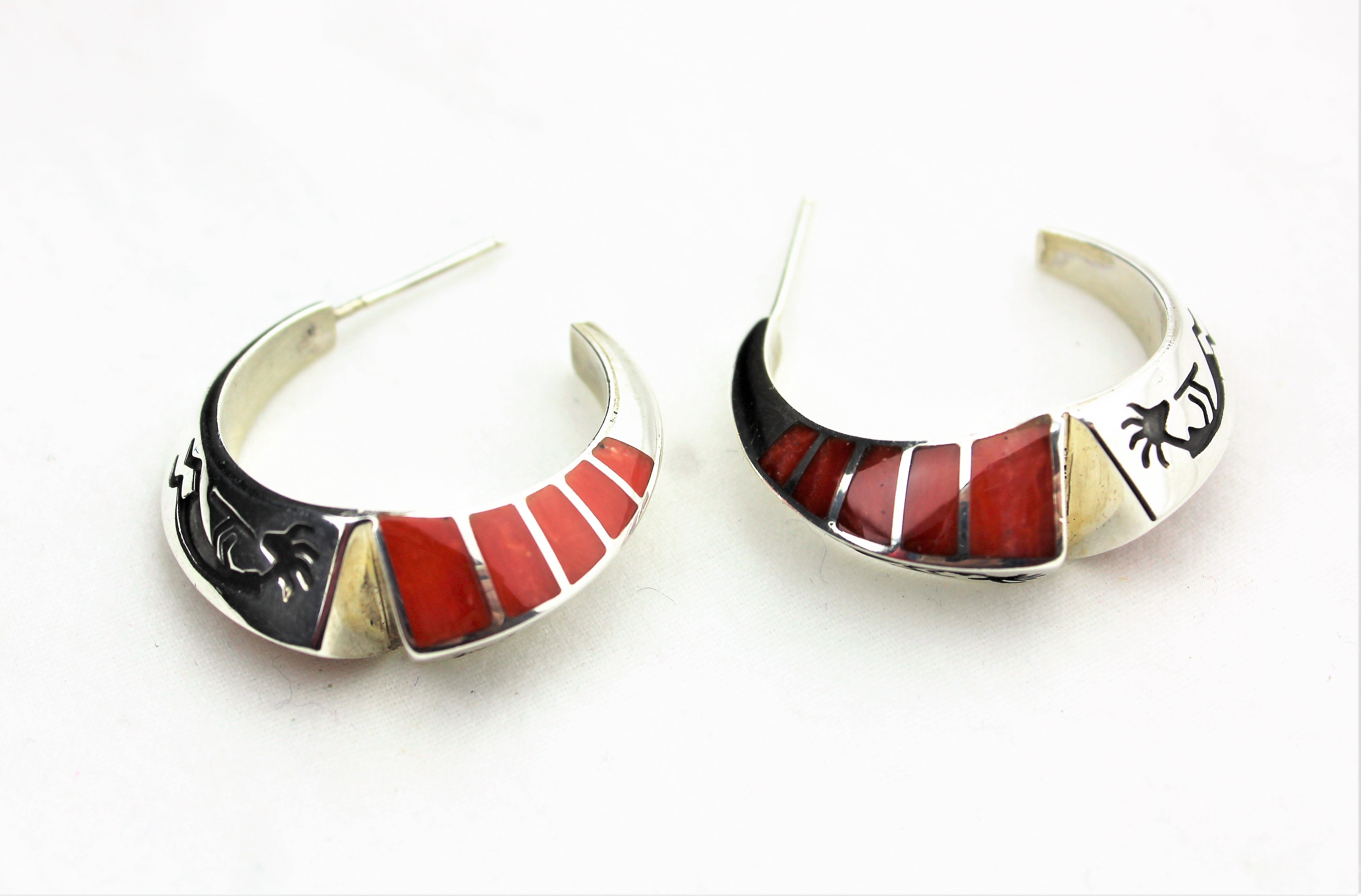 Sterling Kokopelli Coral Inlay Earrings