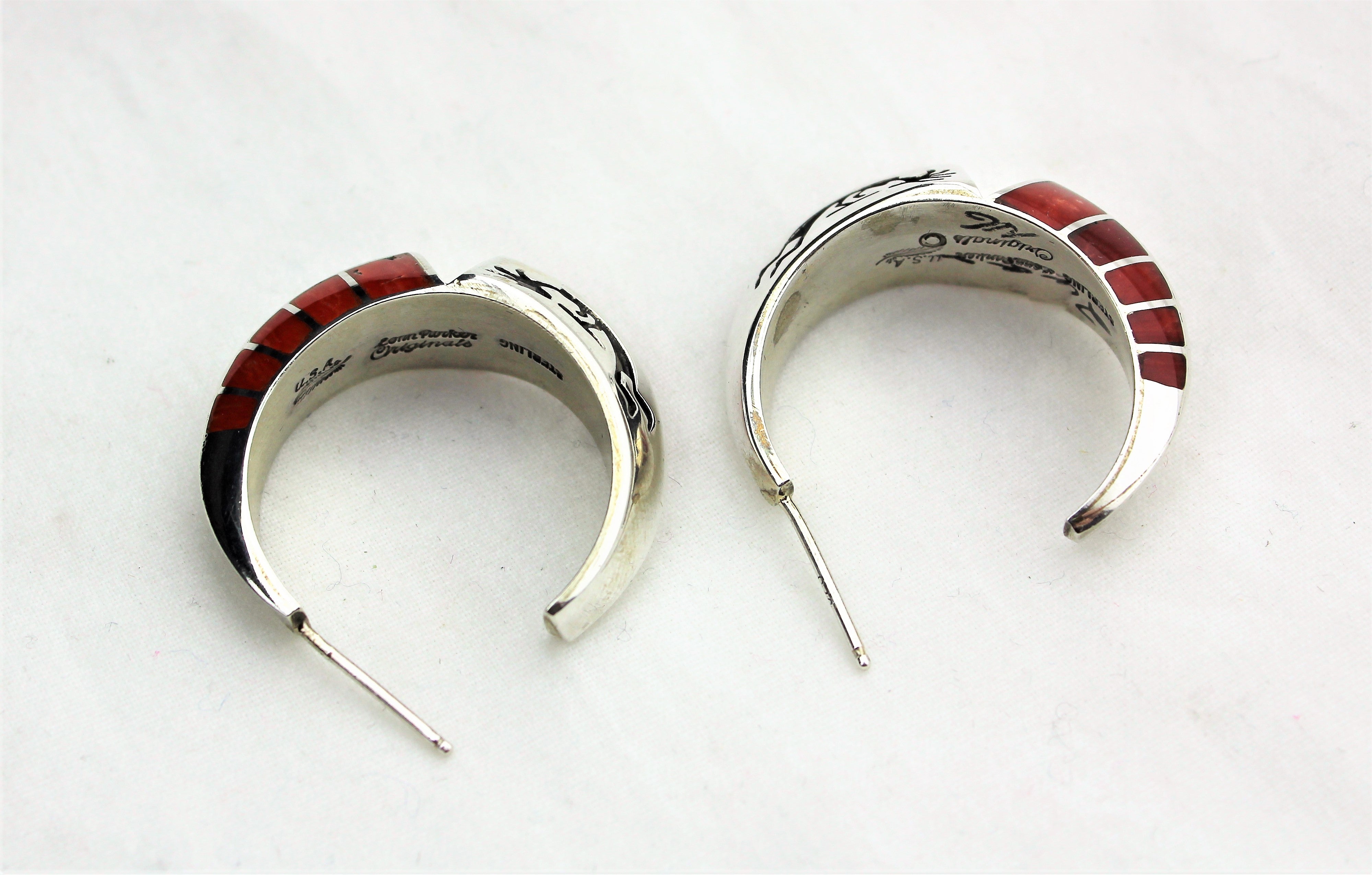 Sterling Kokopelli Coral Inlay Earrings