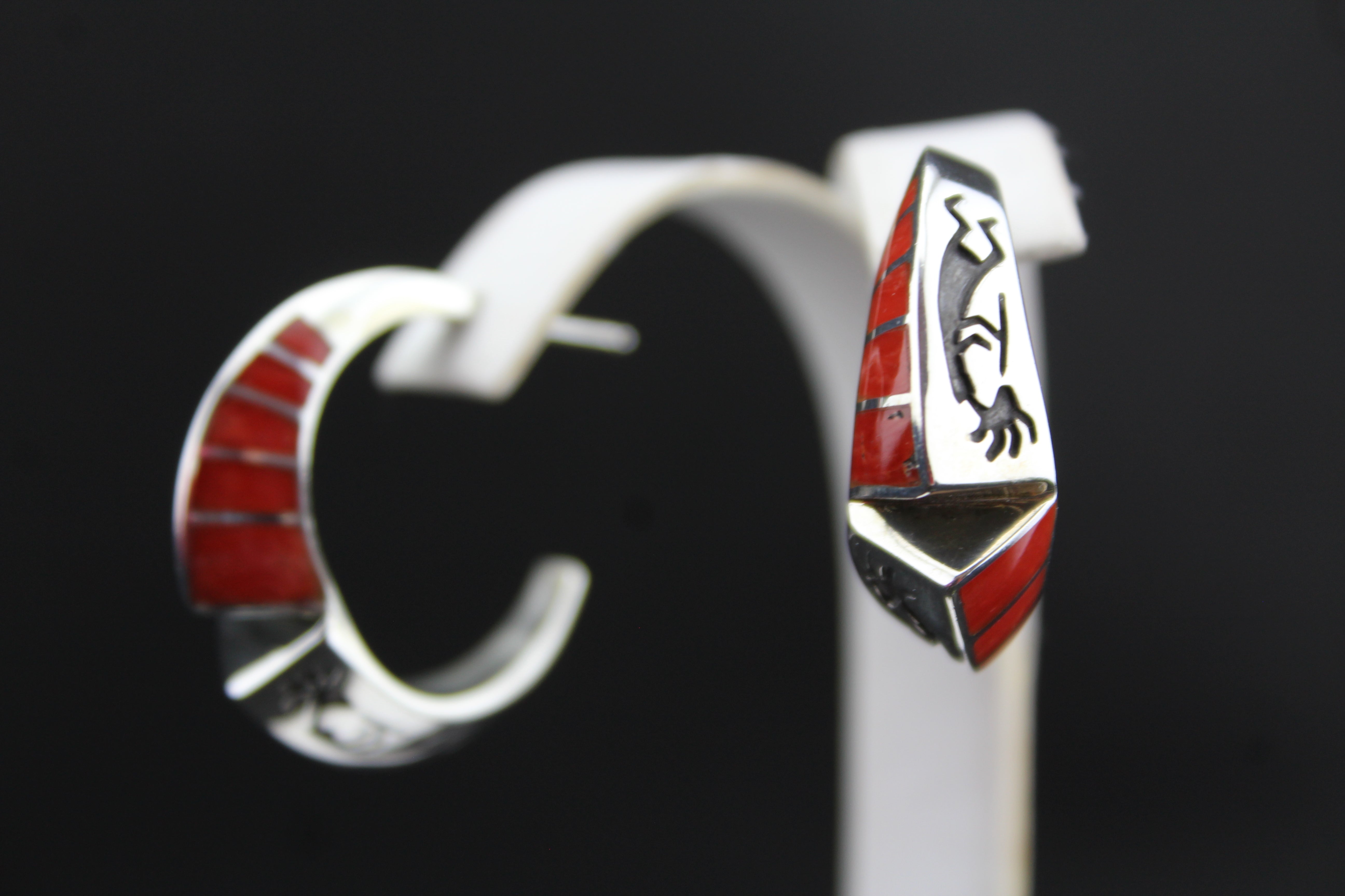 Sterling Kokopelli Coral Inlay Earrings
