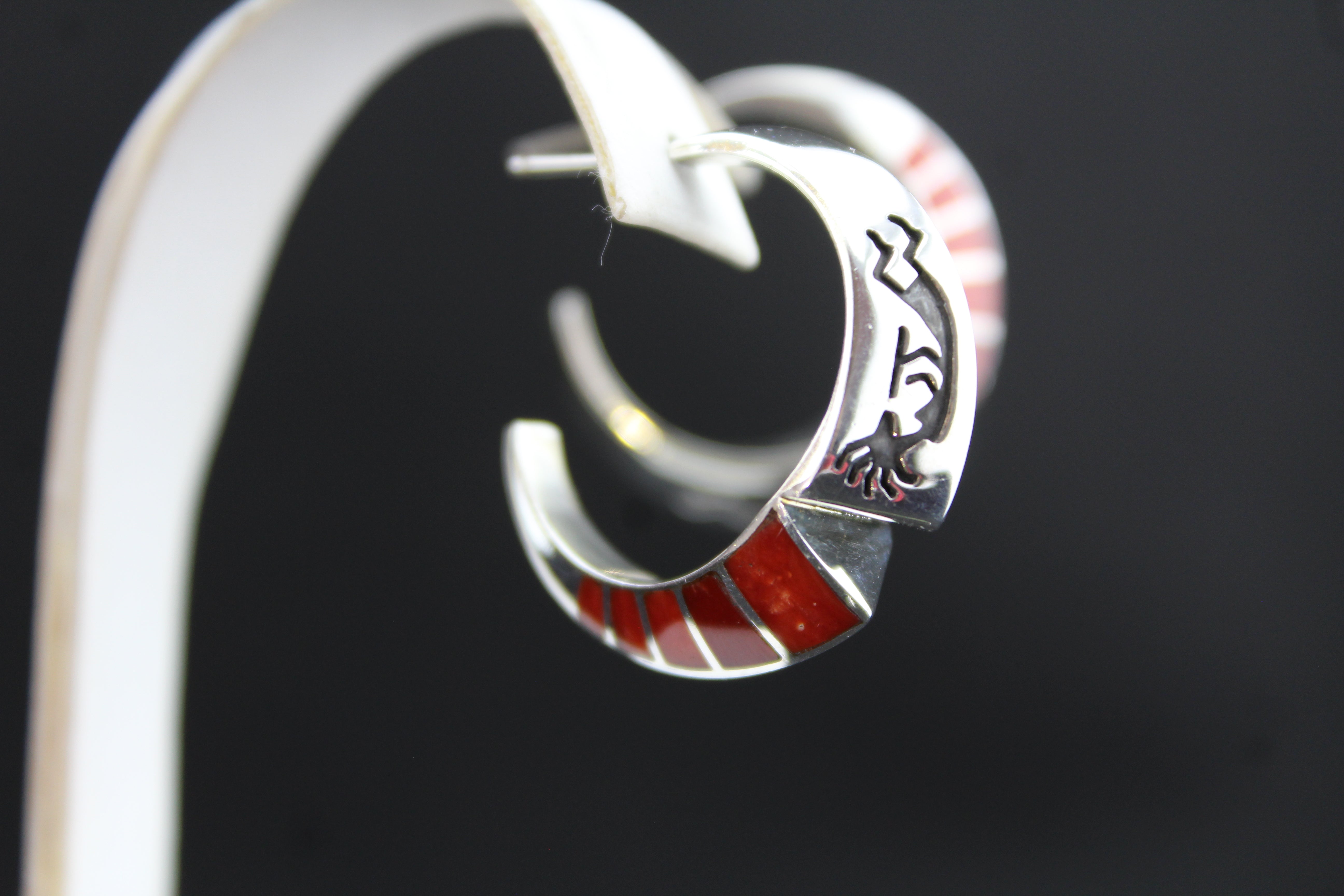 Sterling Kokopelli Coral Inlay Earrings