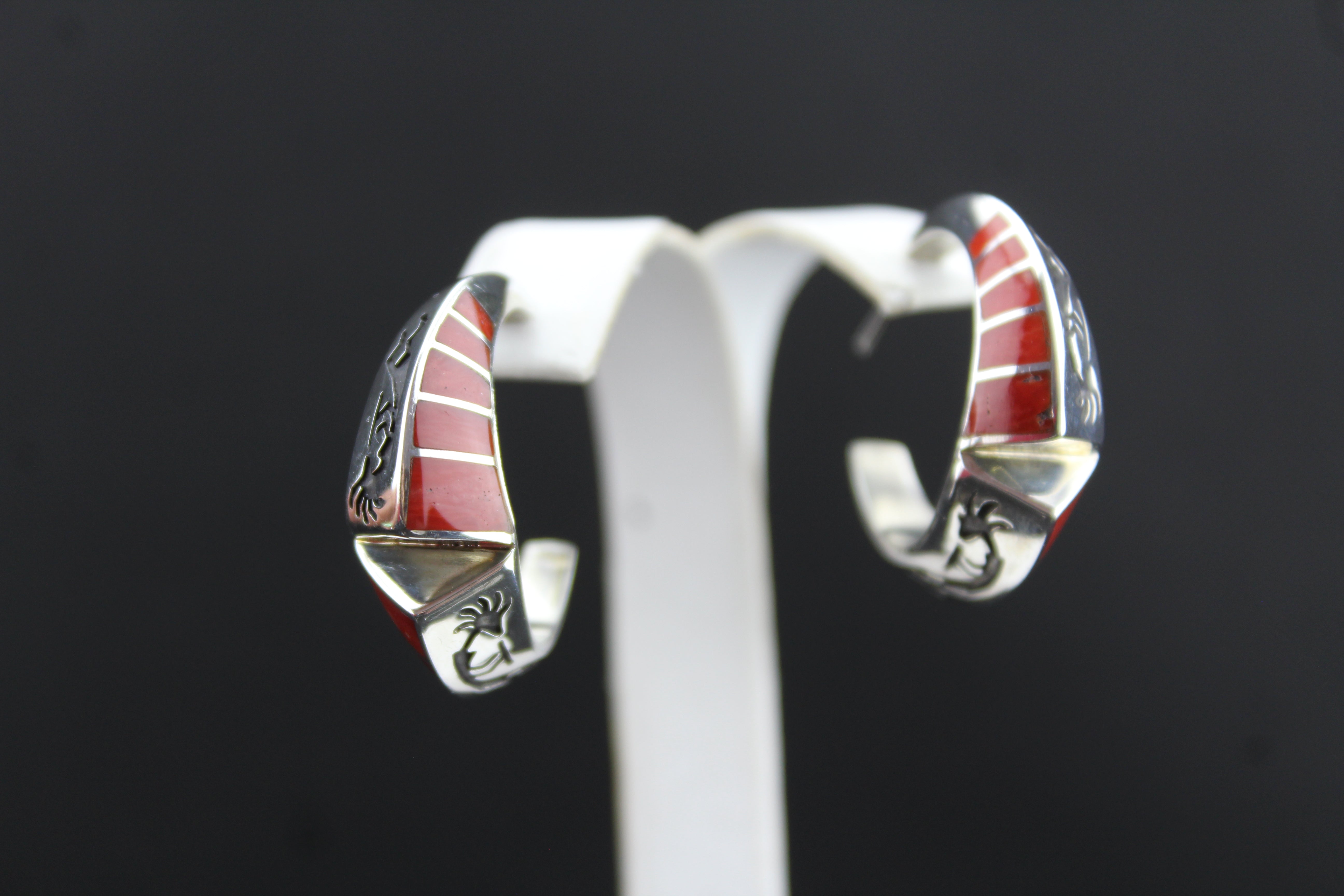 Sterling Kokopelli Coral Inlay Earrings