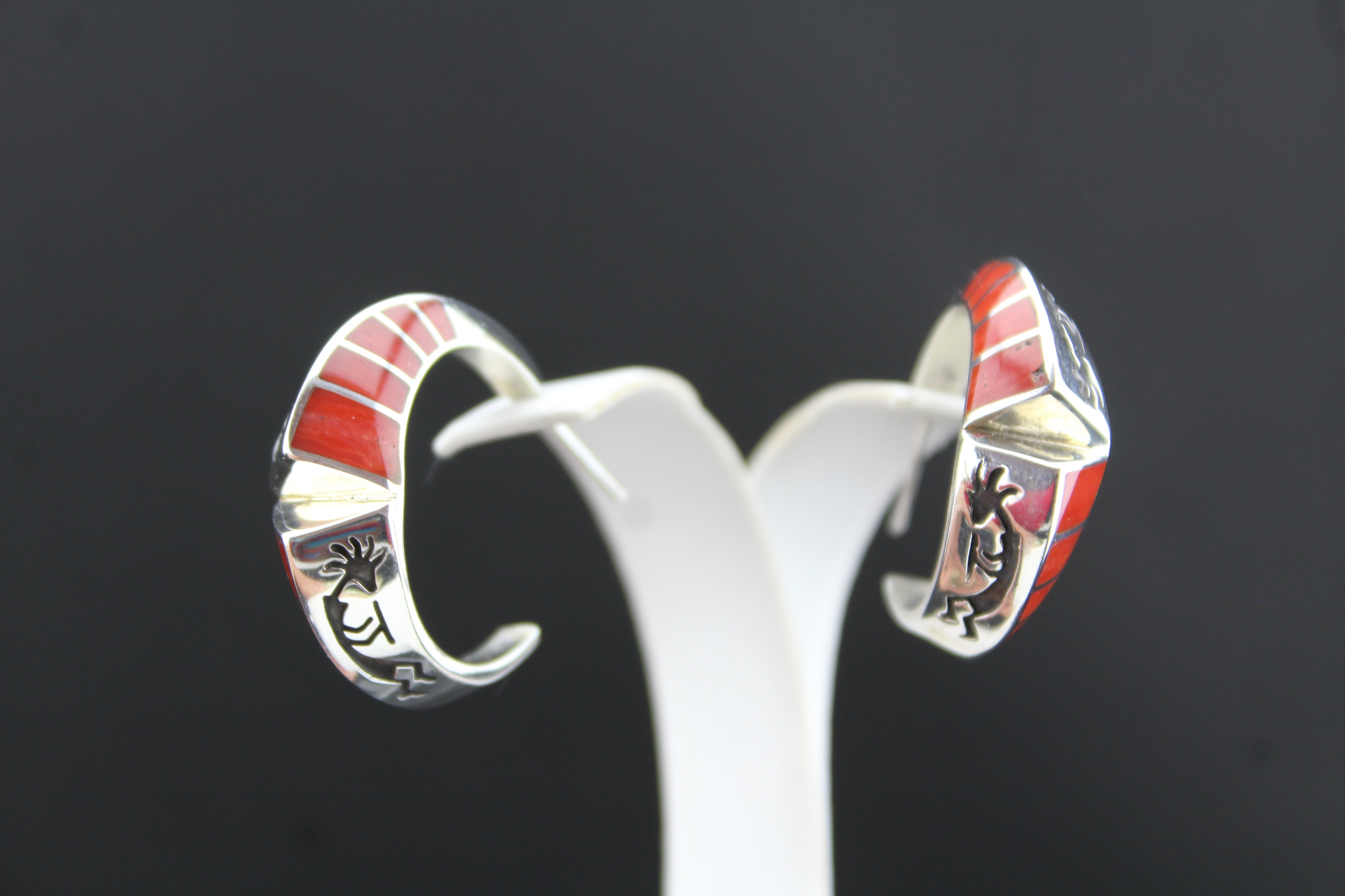 Sterling Kokopelli Coral Inlay Earrings