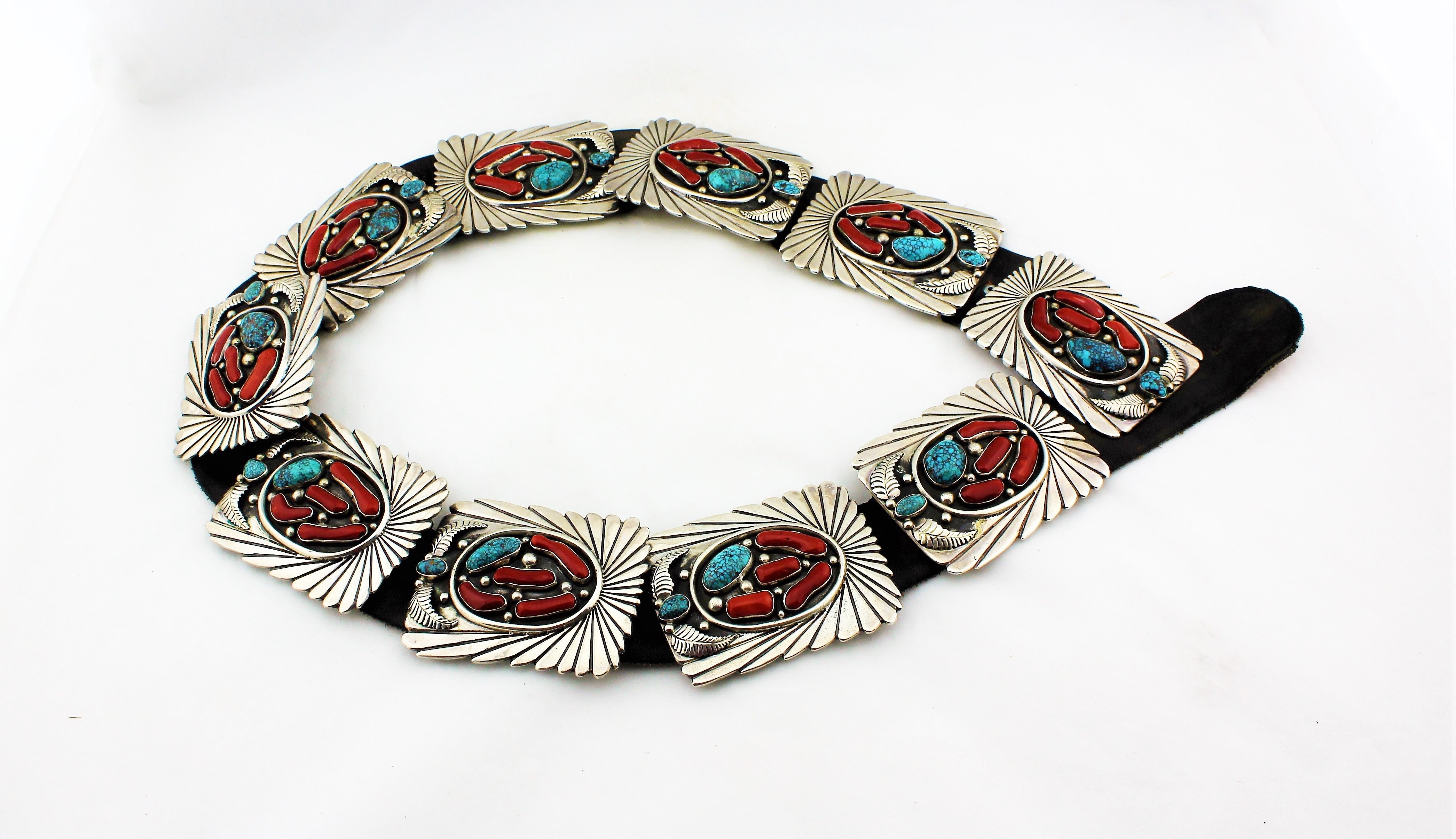 Abraham Begay Mediterranean Coral, Turquoise and Sterling Concho Belt