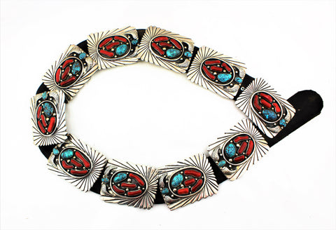 Abraham Begay Mediterranean Coral, Turquoise and Sterling Concho Belt