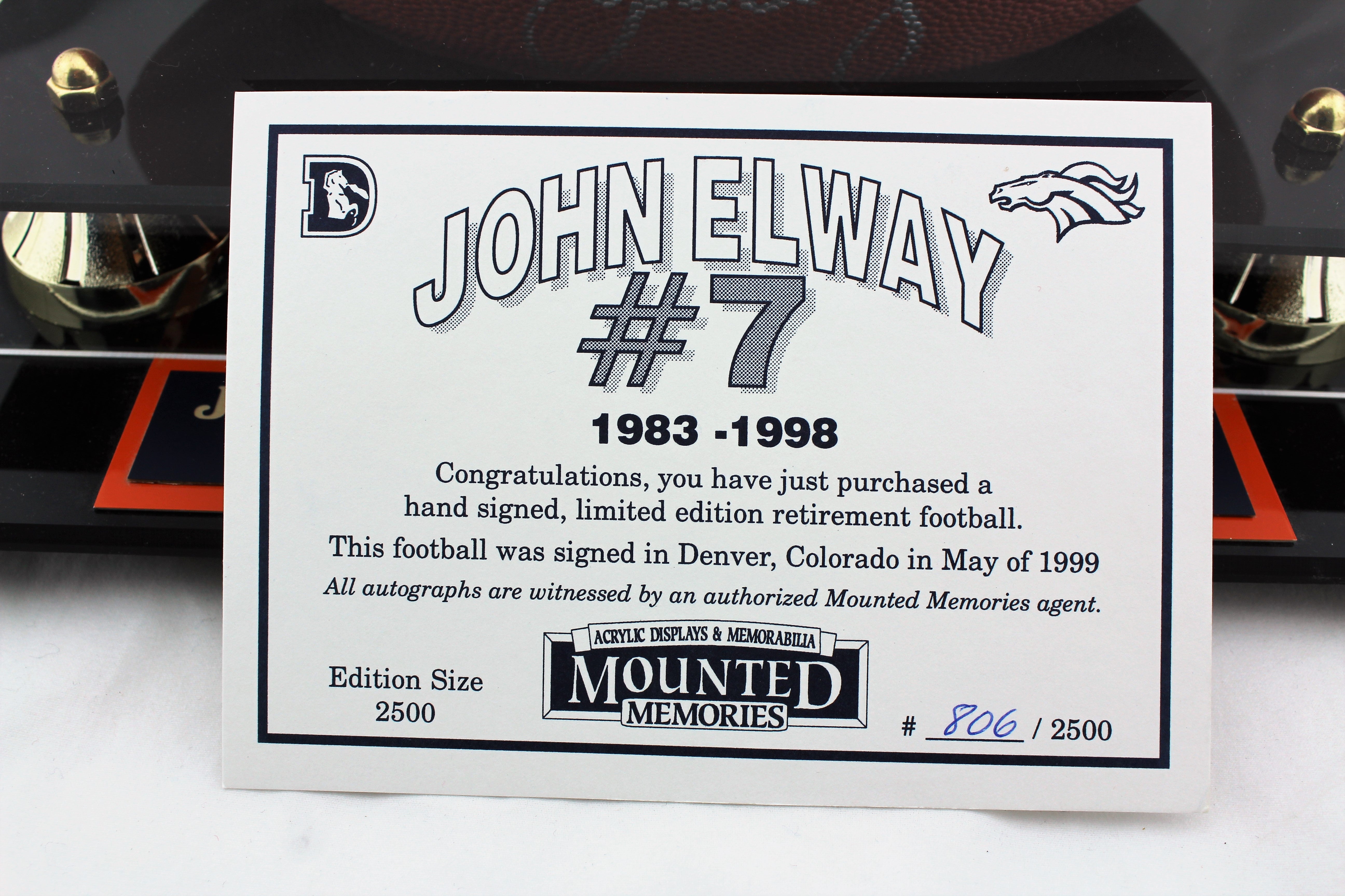John Elway Signed Retirement Football with COA